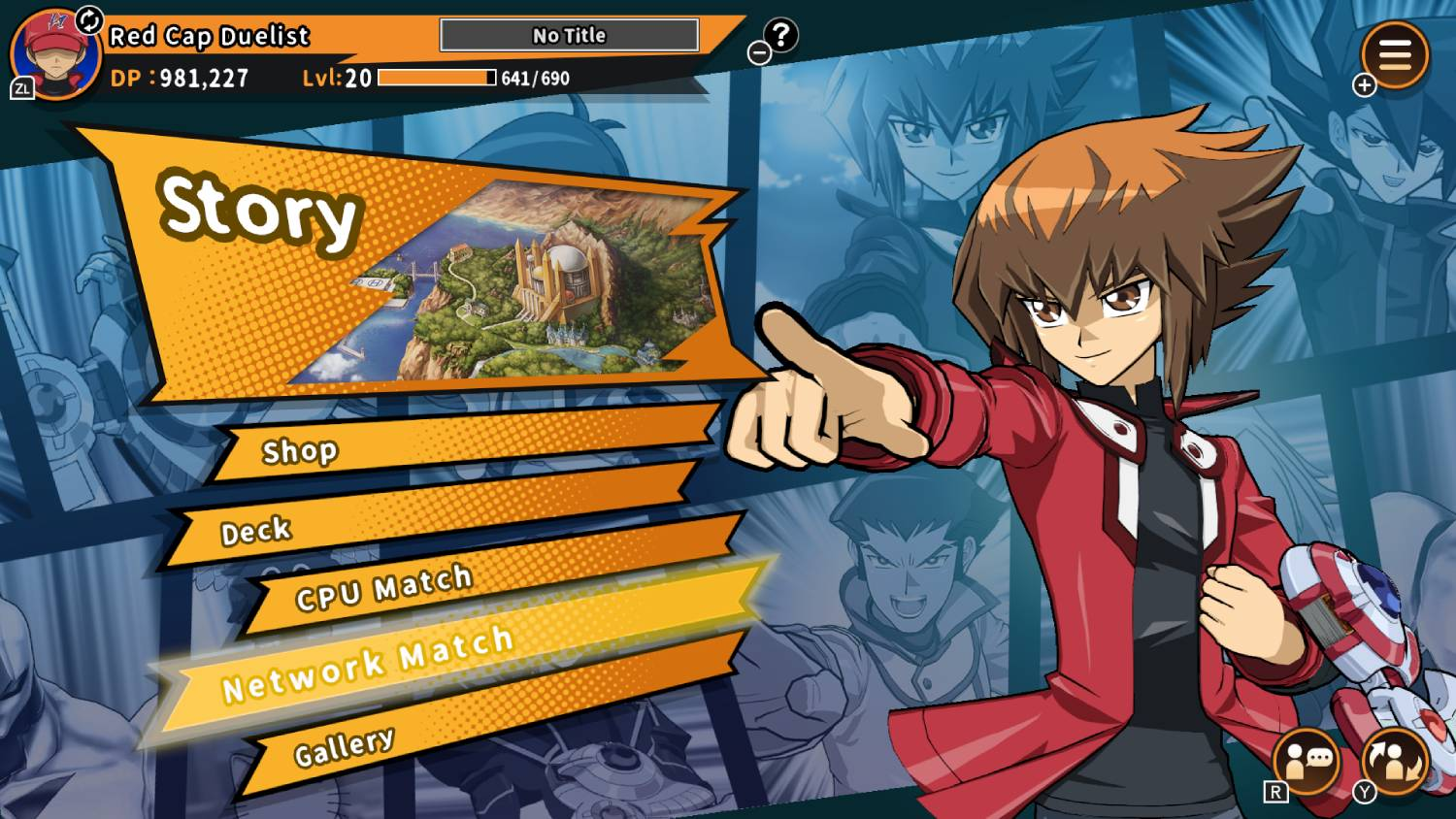 Menú de juego de anime con un personaje con chaqueta roja y opciones como Historia, Tienda y Mazo.