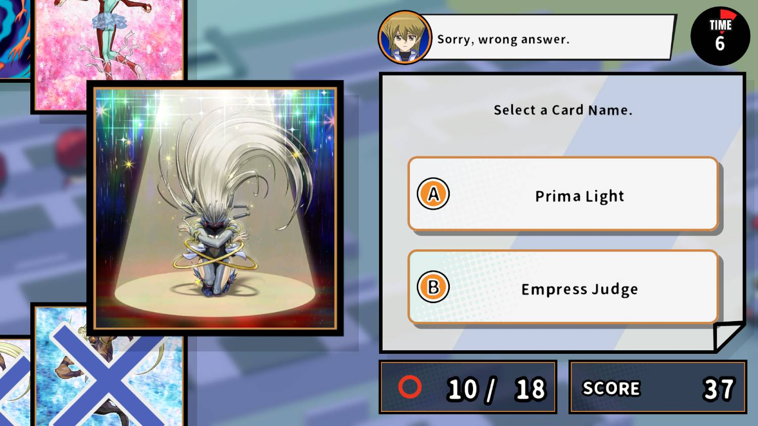 Cuestionario de juego de cartas con dos opciones y un intento fallido.