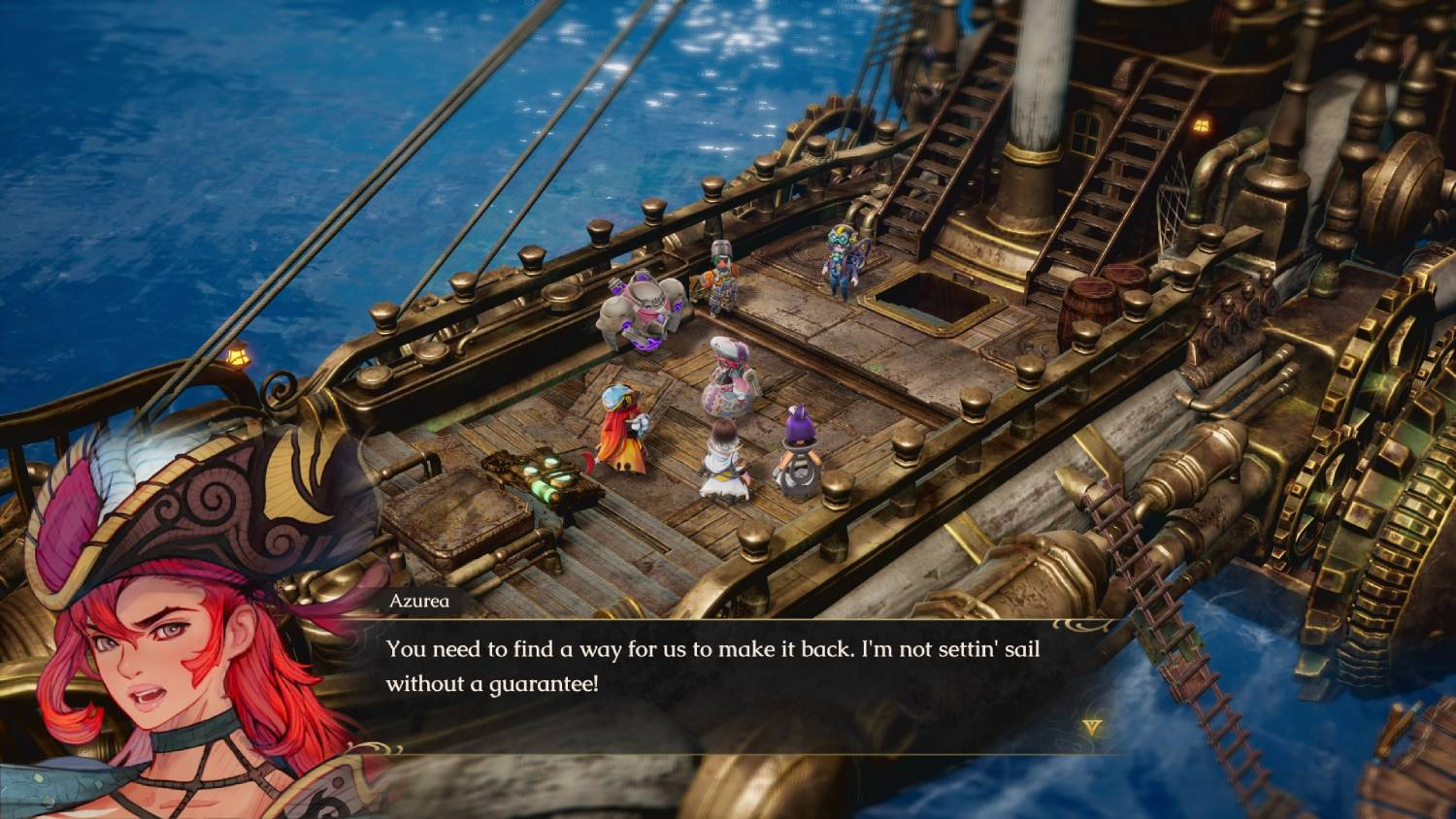 Personajes de anime en la cubierta de un barco de madera mientras una pirata habla abajo.