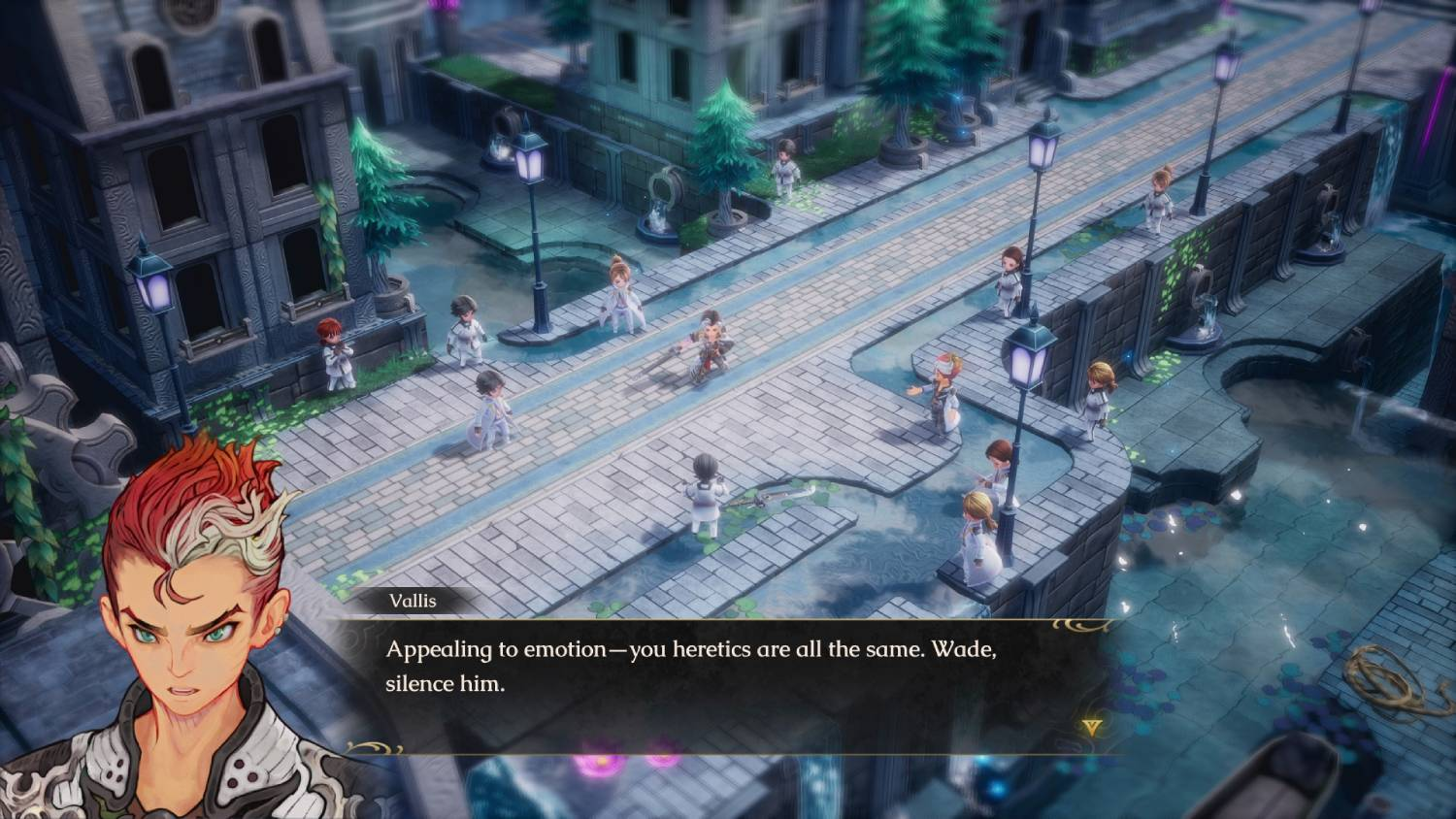 Una escena de videojuego muestra personajes en una calle de piedra, con un retrato y texto abajo.