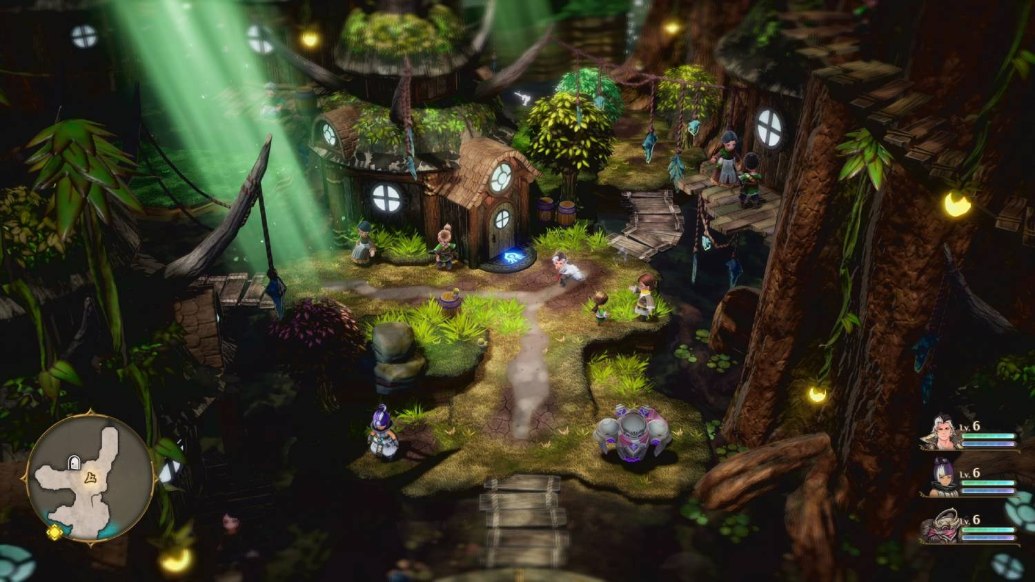 Un pueblo de bosque mágico con casas en los árboles, luz verde, personajes y un pequeño puente.