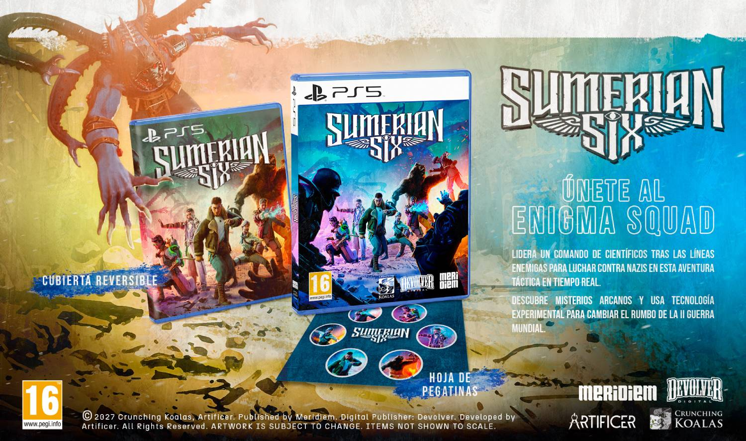 Imagen promocional de Sumerian Six para PS5 con carátulas, hoja de pegatinas y personajes sobre un fondo ilustrado.