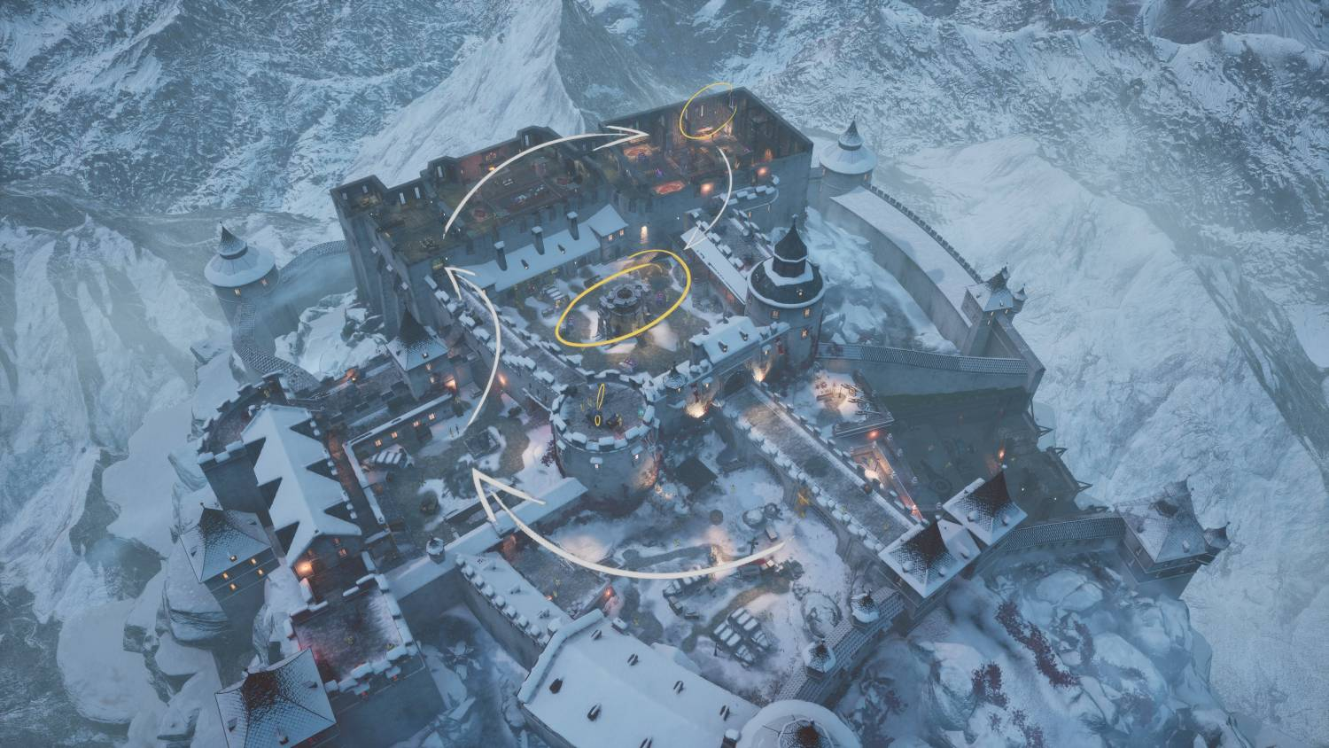 Vista aérea de una fortaleza de montaña cubierta de nieve con caminos y patios.