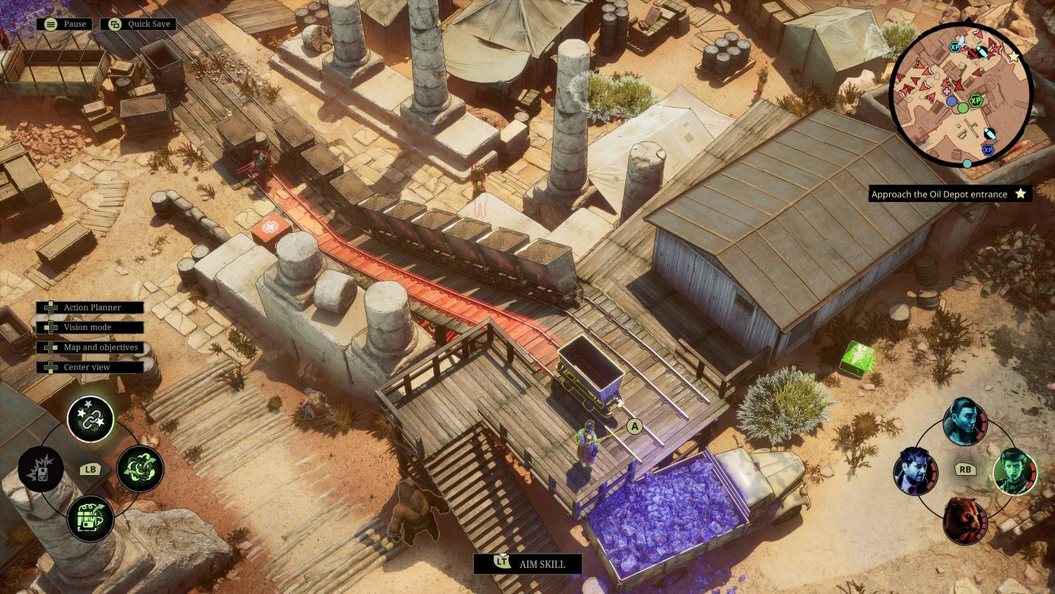 Vista superior de un videojuego con zona minera industrial, ruinas de piedra, vías y elementos de interfaz.