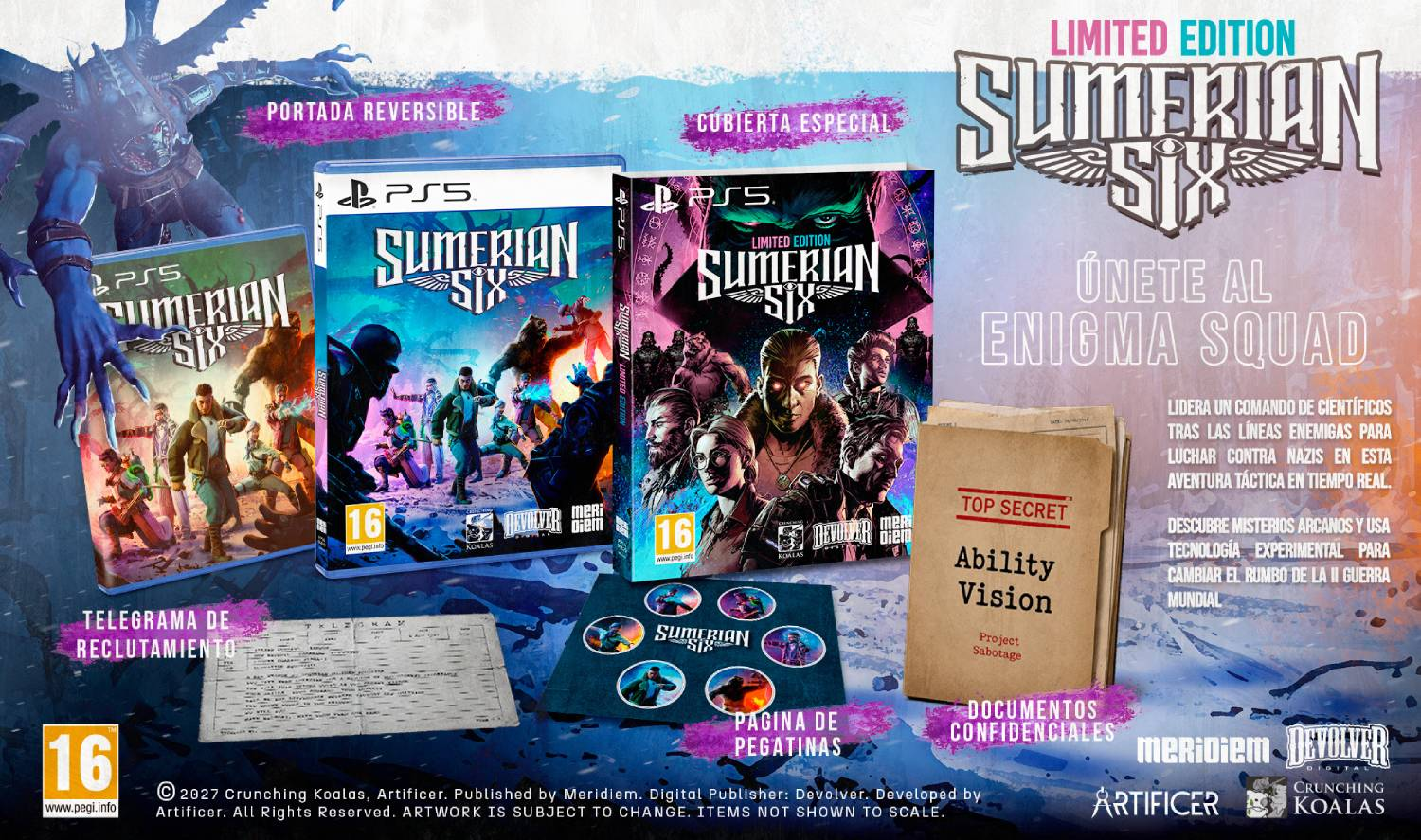 Edición limitada de Sumerian Six para PS5 con caja, pegatinas y documentos secretos.