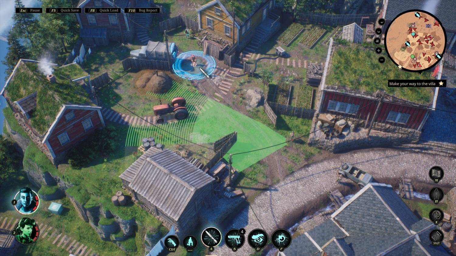 Vista cenital de un videojuego con una granja, edificios rojos, un tractor y elementos de interfaz.
