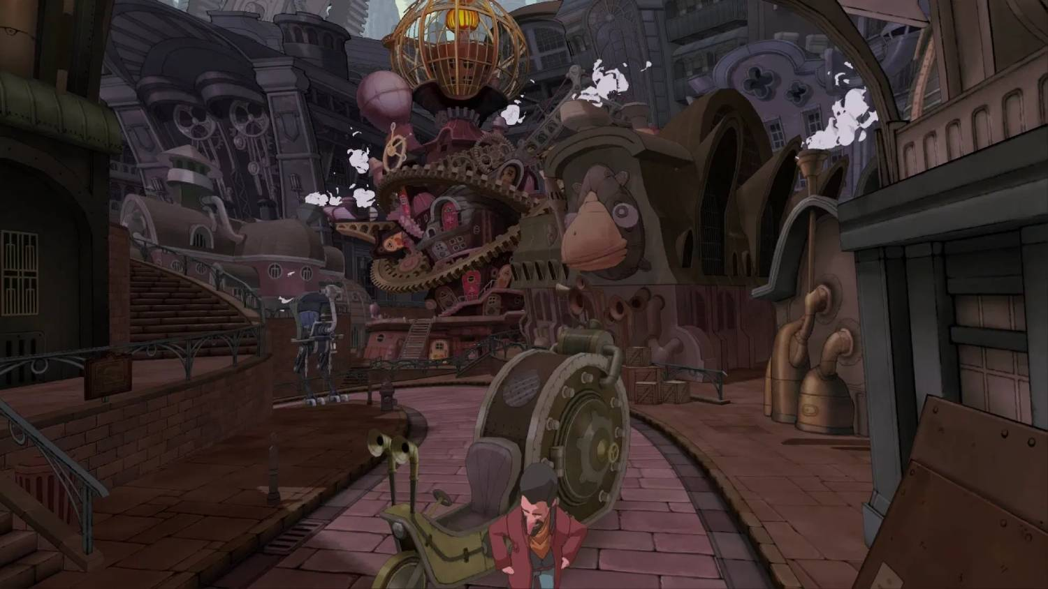 Una ciudad steampunk con engranajes, tuberías y un hombre conduciendo un vehículo extraño.