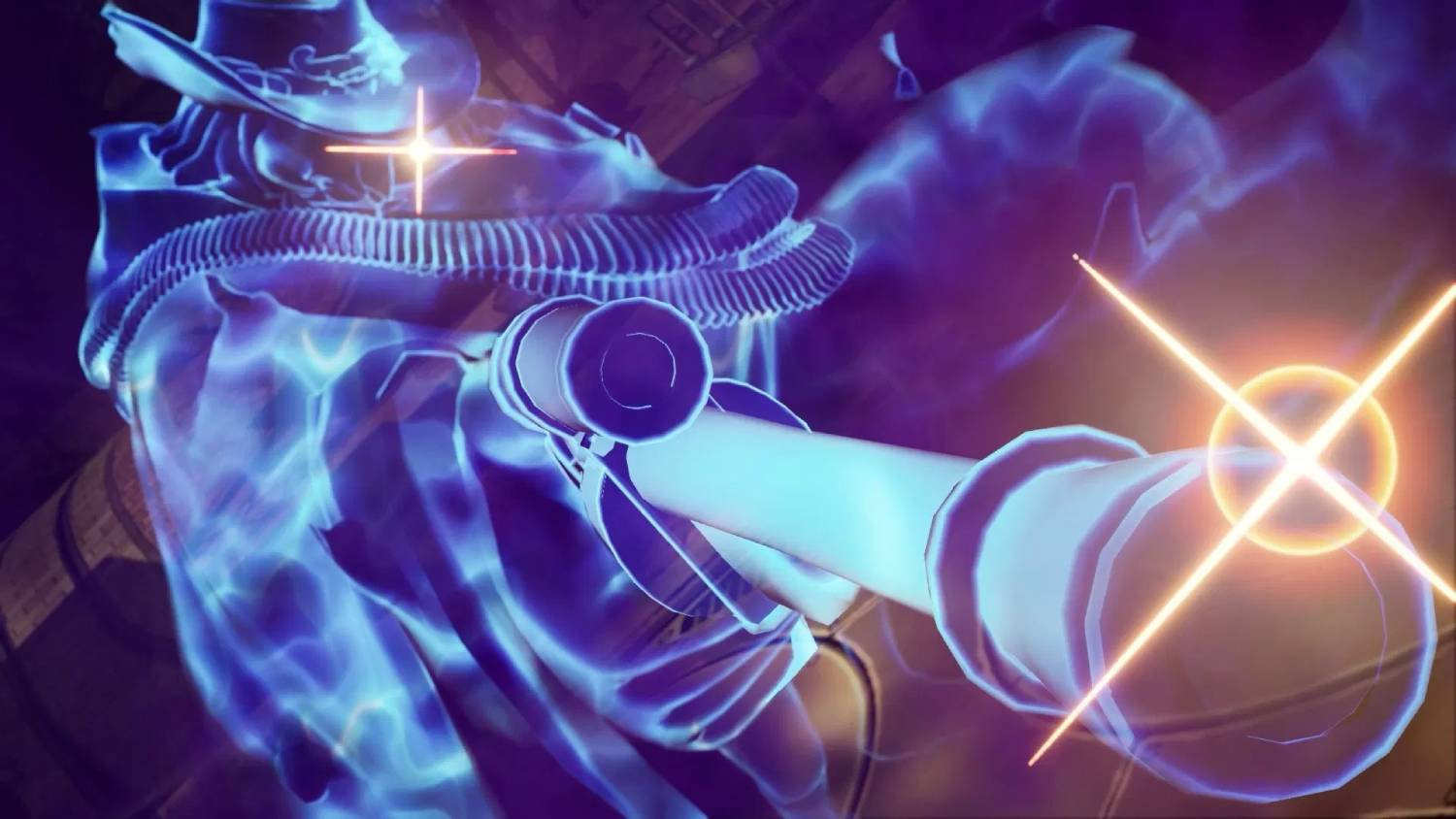 Una figura brillante azul apunta con un arma, rodeada de luces brillantes.