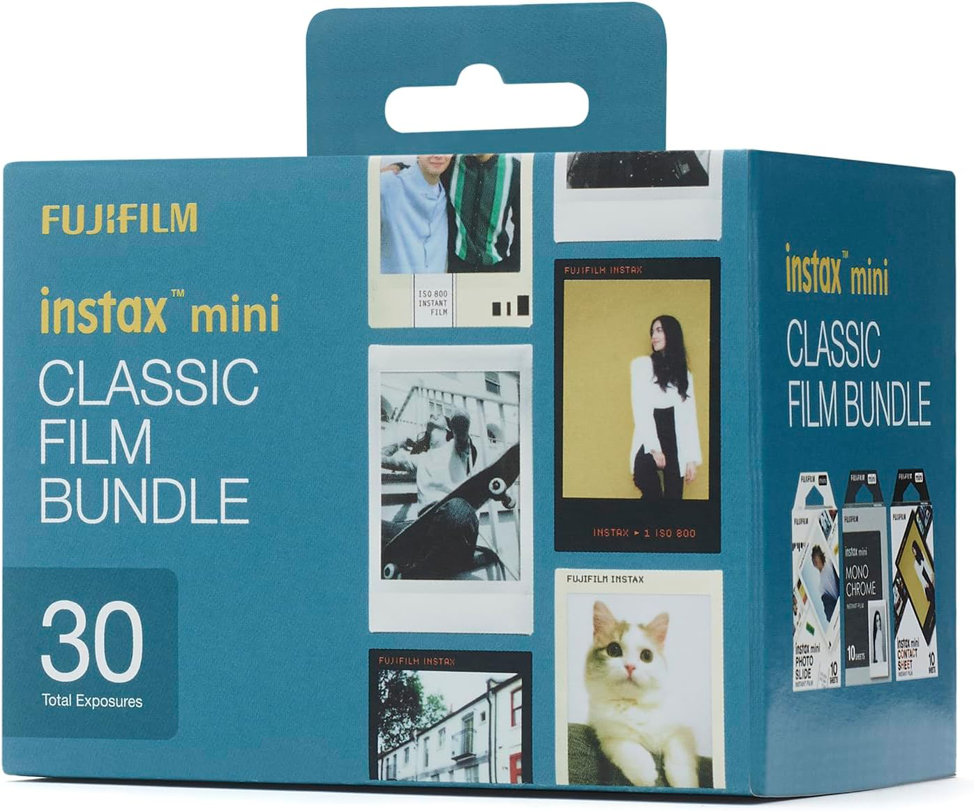 Egy kék Fujifilm Instax Mini klasszikus filmdoboz harminc felvétellel és minta fotókkal.