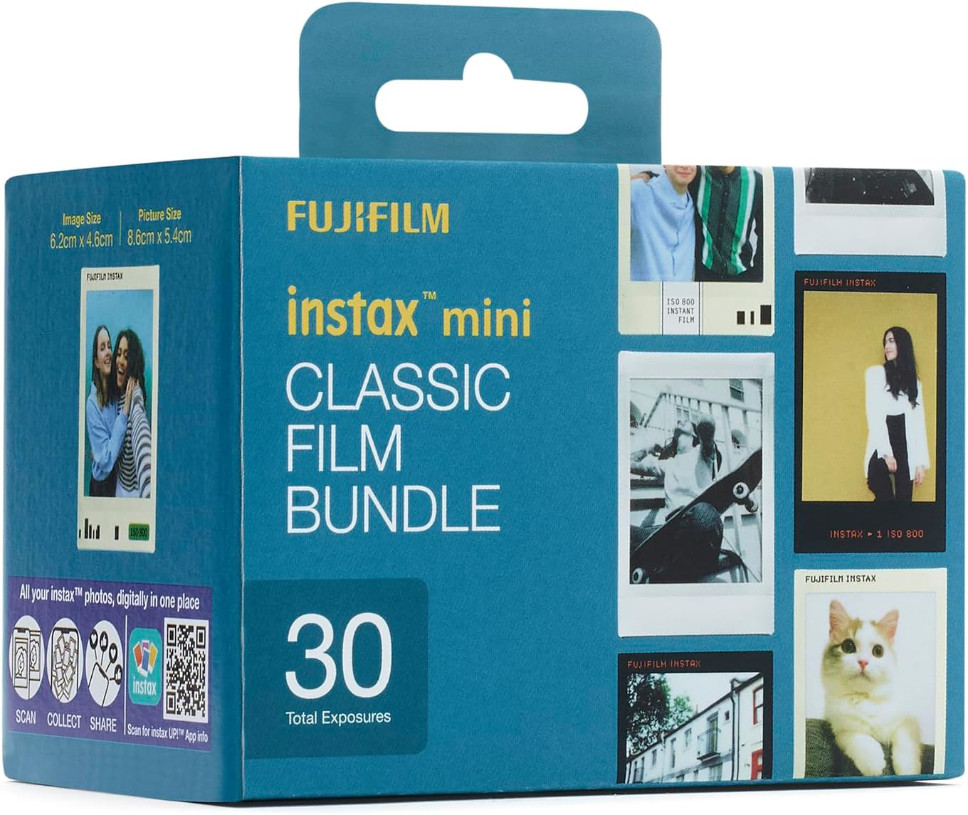 Kék Fujifilm Instax Mini Classic filmdoboz, 30 expozícióval, mintafotókkal díszítve.