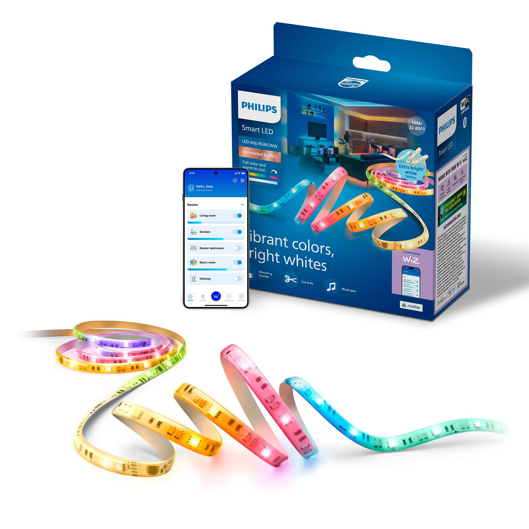 Philips Smart LED-Lichtband mit Box und Smartphone, das verschiedene farbige Lichter anzeigt.