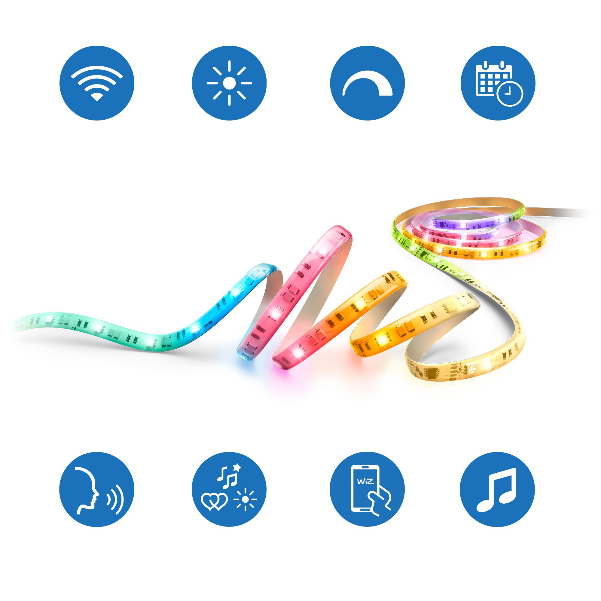 Buntes LED-Lichtband mit verschiedenen Funktionssymbolen in blauen Kreisen darüber und darunter.
