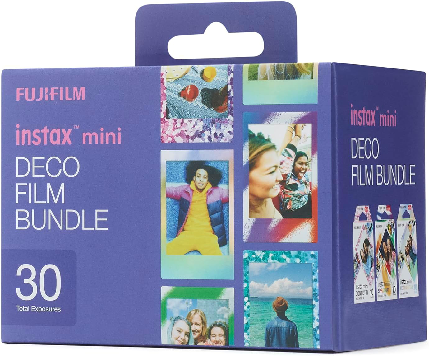 Egy lila Fujifilm Instax Mini Deco Film Bundle doboz mintafotókkal és fehér szöveggel.