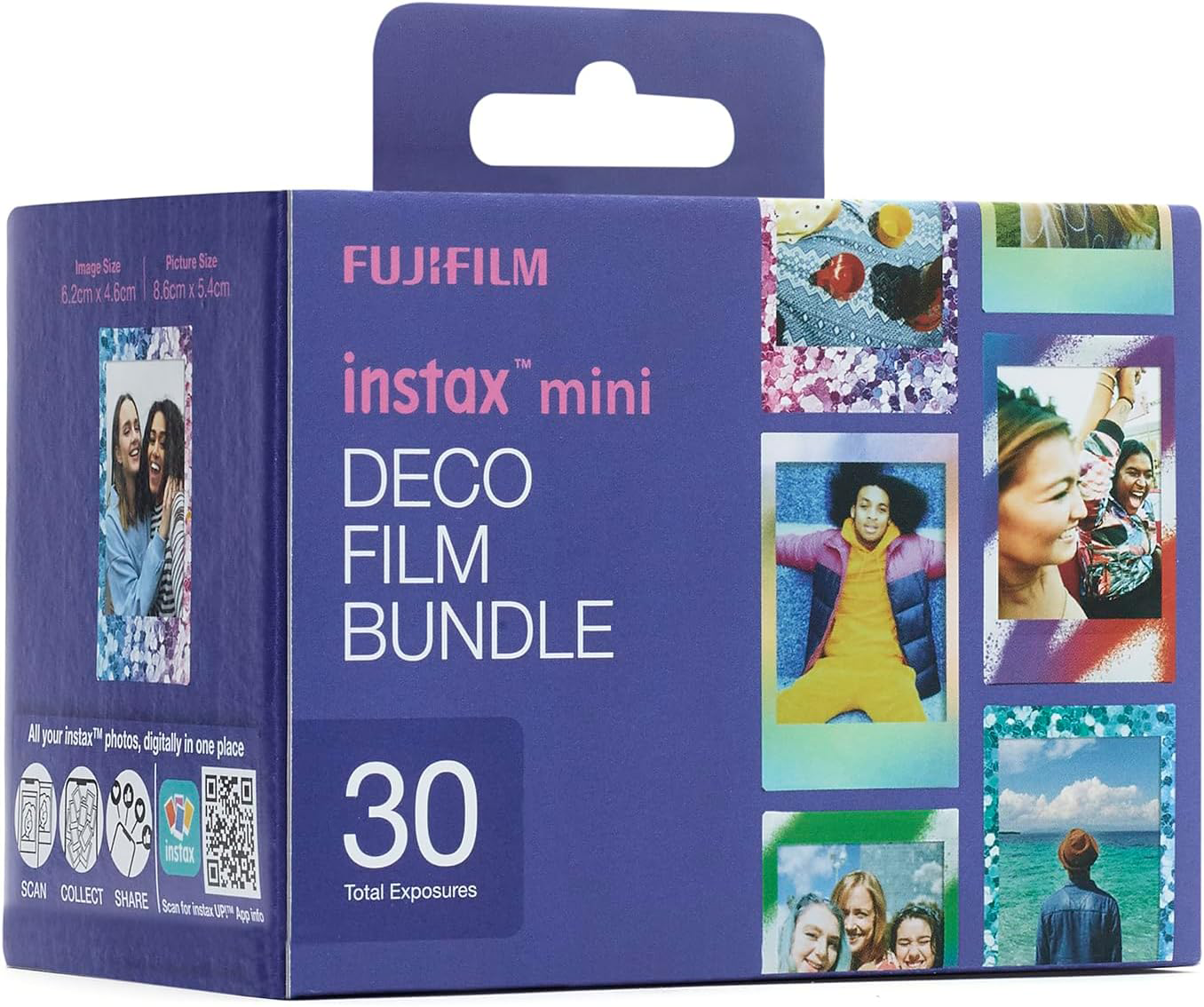 Kék Fujifilm Instax Mini Deco Film Bundle doboz 30 expozícióval és színes mintafotókkal.