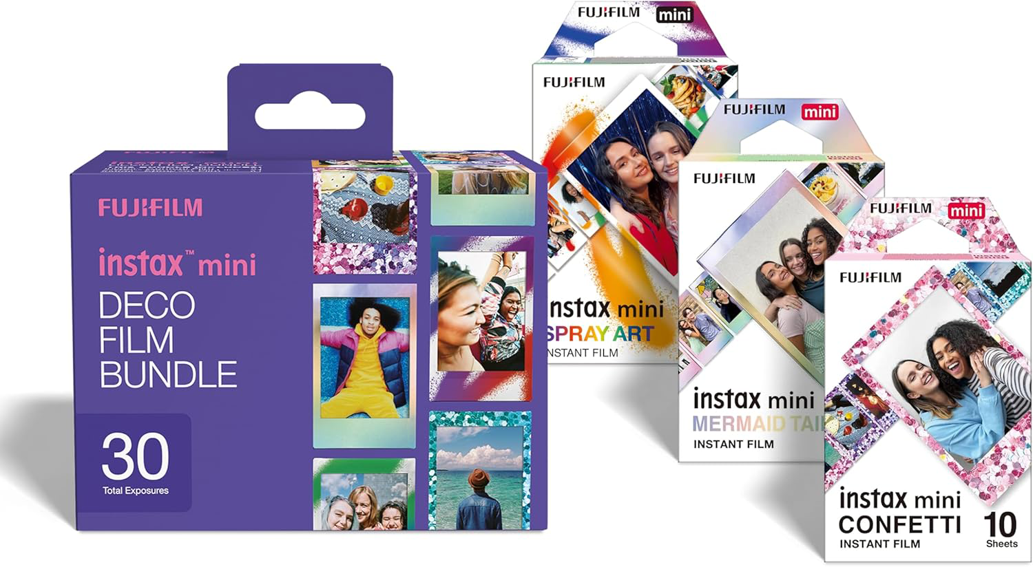 Különböző Fujifilm Instax Mini filmdobozok dekoratív szegélyekkel és fotónyomatokkal fehér háttér előtt.