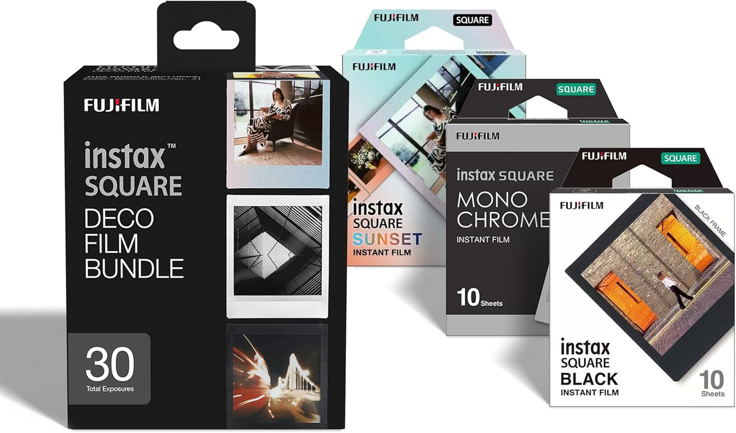 Különböző Fujifilm Instax Square azonnali film dobozok láthatók egymás mellett fehér háttér előtt.