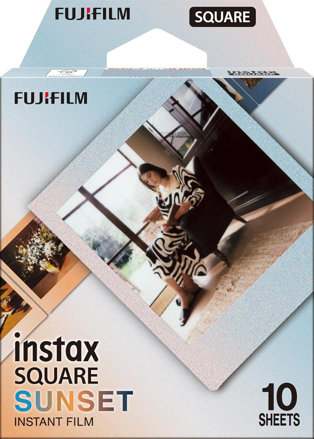 Fujifilm instax SQUARE Sunset azonnali film csomagolása, mintafotón egy nővel.