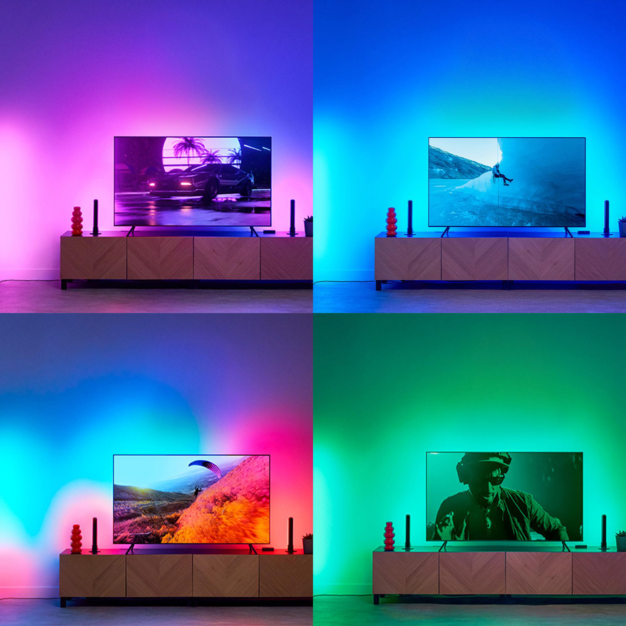 Eine Collage mit einem Fernseher auf einem Holzschrank und passendem Ambientelicht in Rosa, Blau, Lila und Grün.