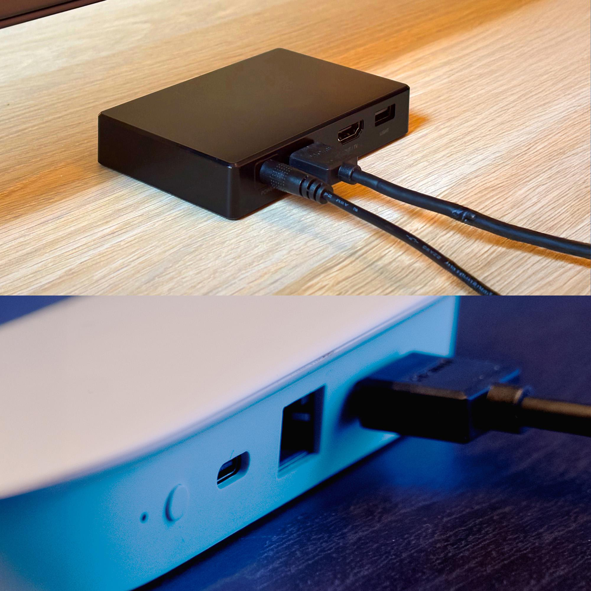 Zwei Ansichten von elektronischen Geräten mit eingesteckten Kabeln auf hölzernen und dunklen Oberflächen.