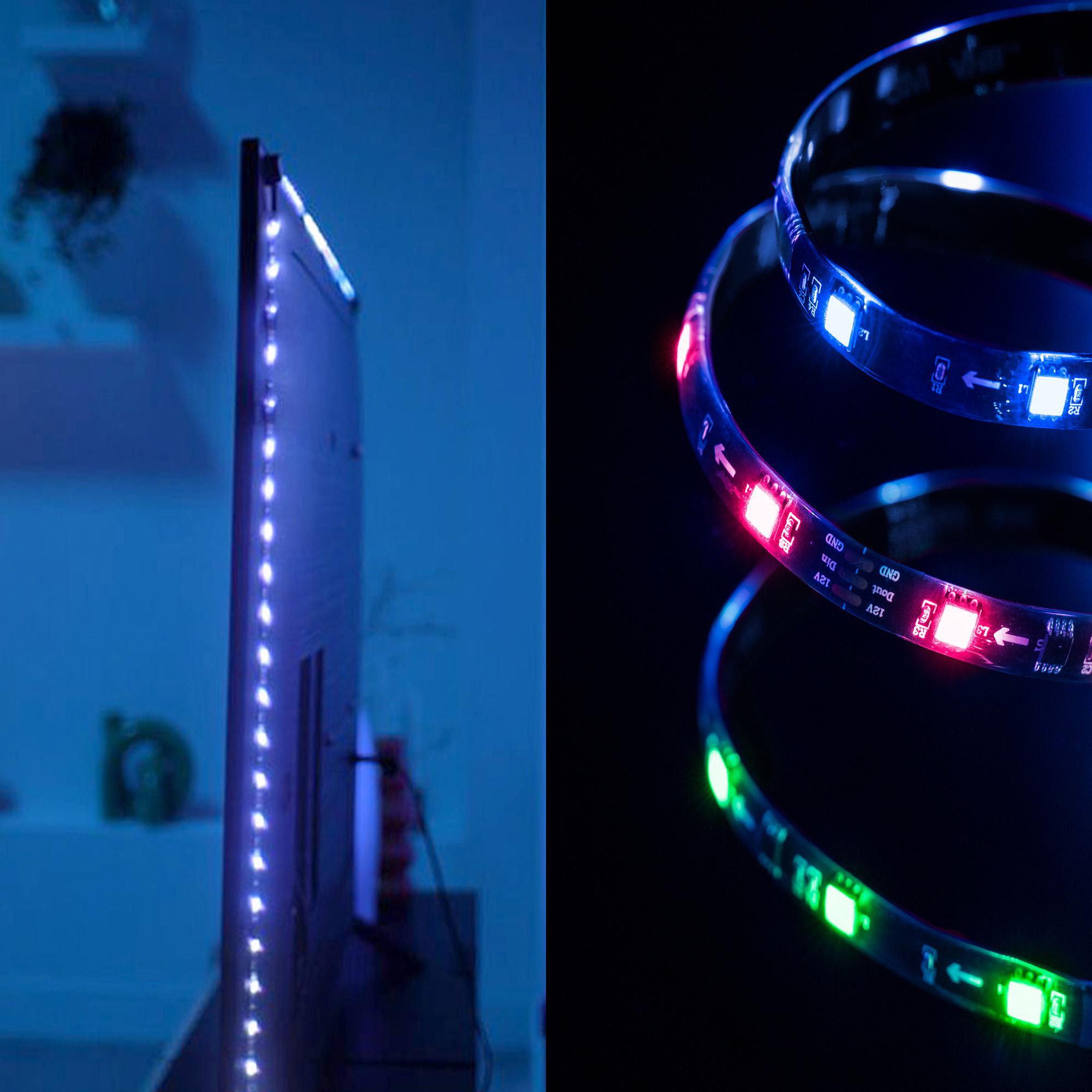 Blaue LED-Streifen auf der Rückseite eines Fernsehers und aufgerollt auf dunklem Hintergrund.