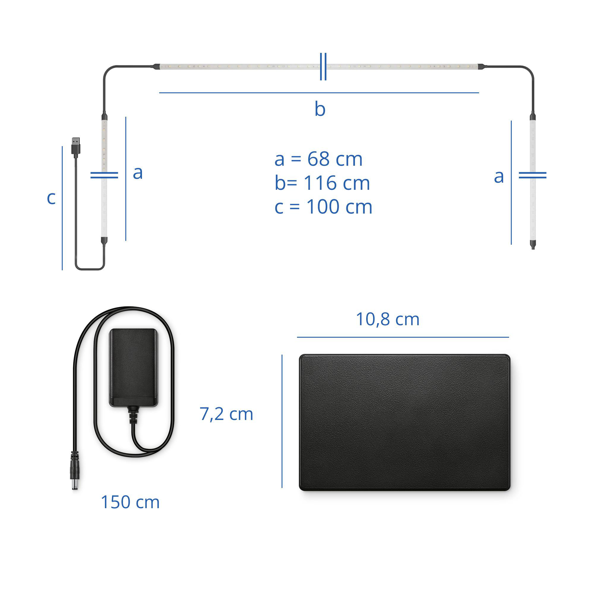 Technische Zeichnung einer LED-Leiste mit Maßen für Länge und Netzteil.