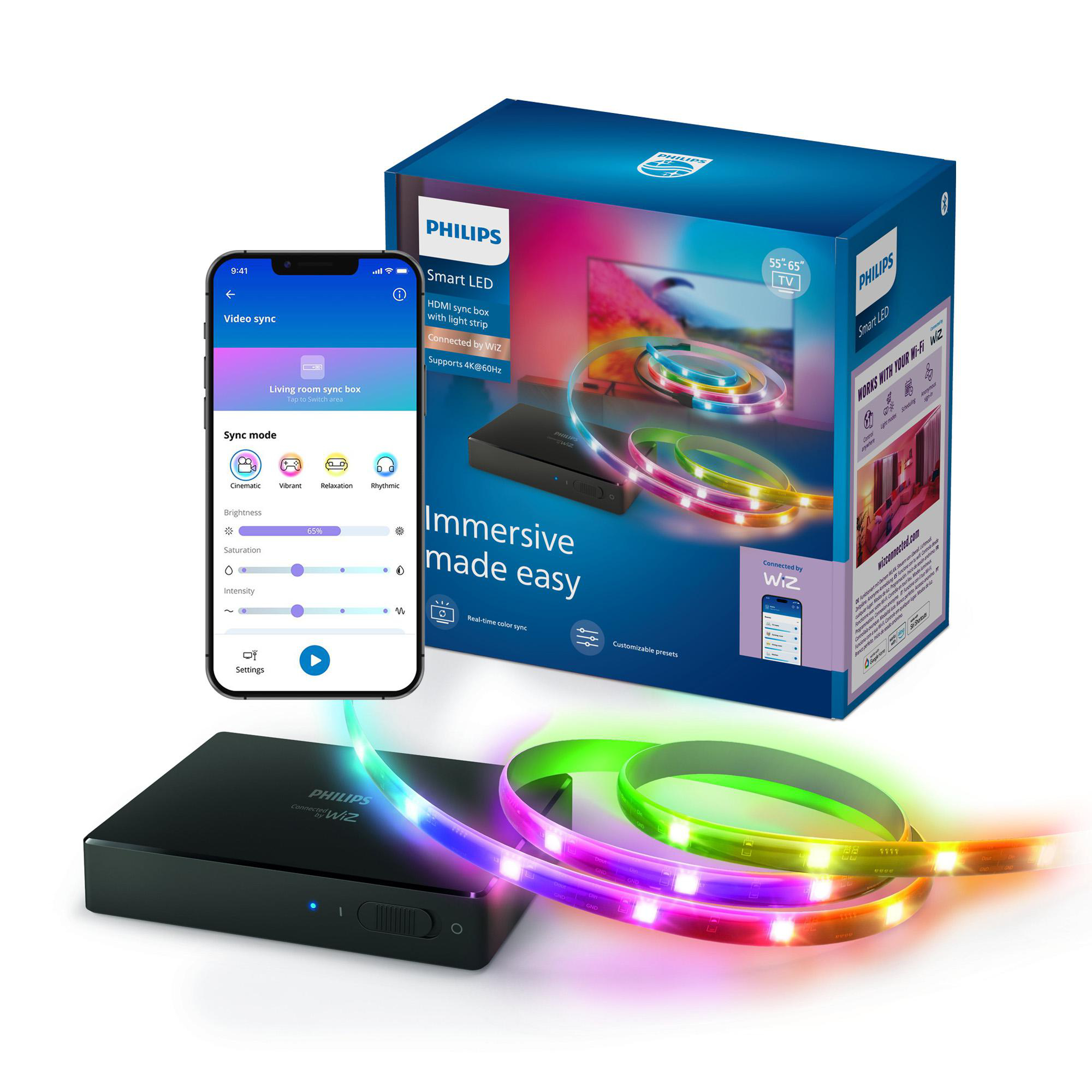 Philips Smart LED Sync Box mit Leuchtstreifen, Sync-App auf dem Telefon und Produktverpackung.