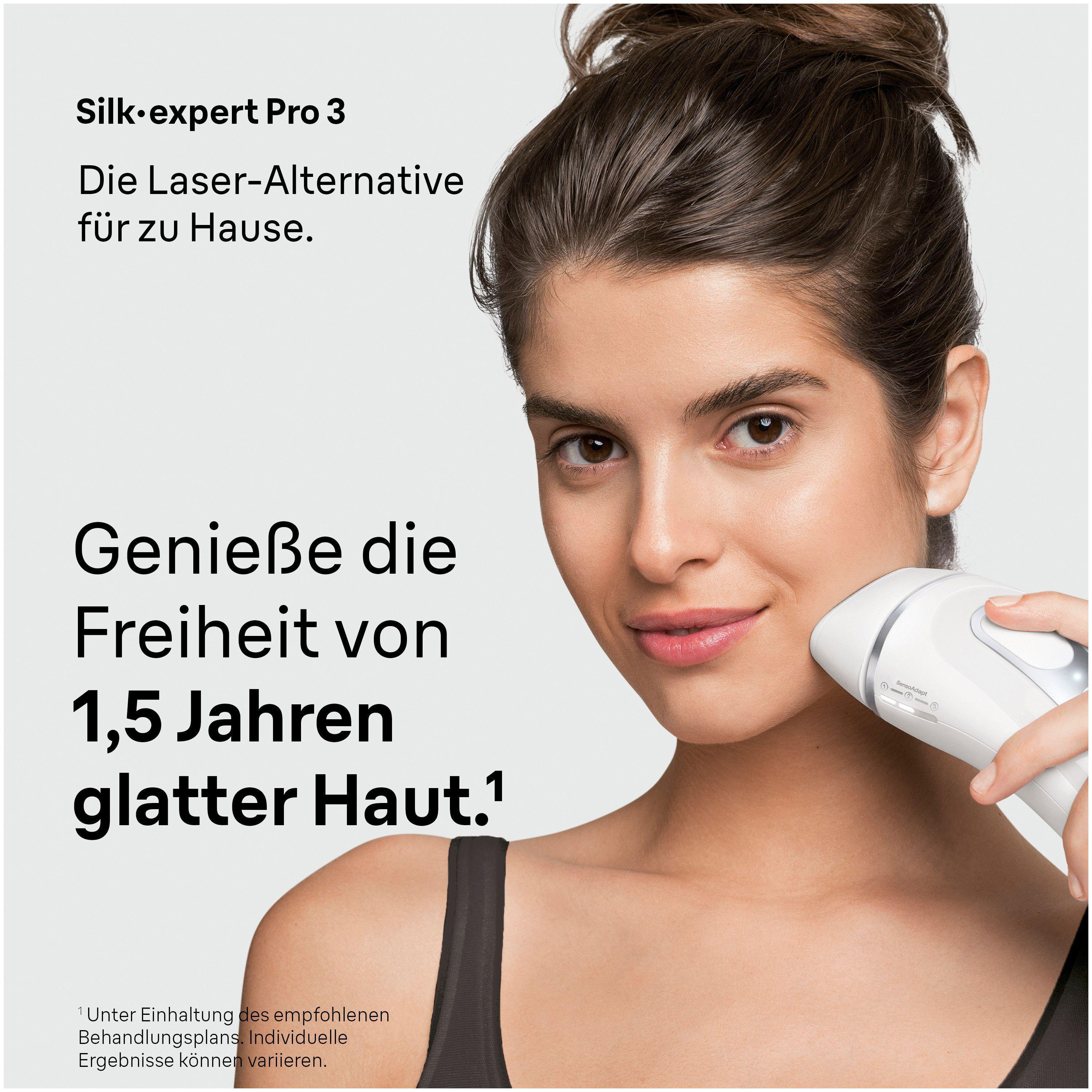 Eine Frau hält ein weißes Silk-expert Pro 3 Haarentfernungsgerät an ihre Wange. Links Text auf weißem Hintergrund.
