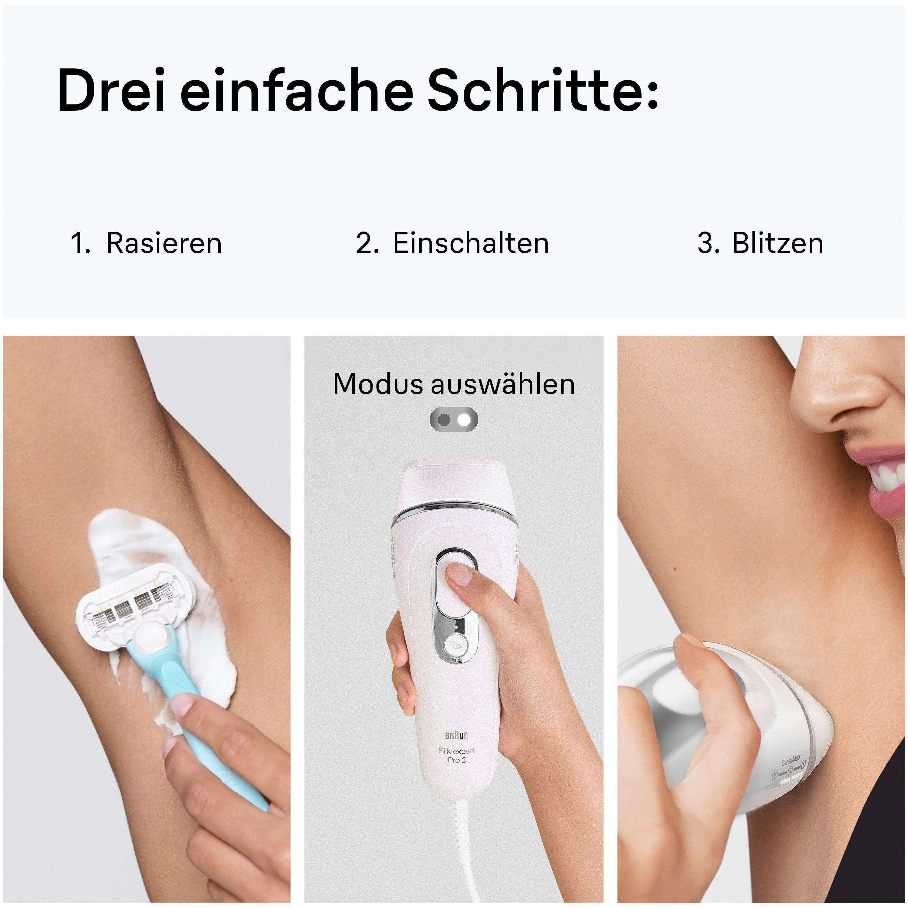 Drei einfache Schritte zur Enthaarung: Rasieren, Einschalten, Blitzen mit einem IPL-Gerät.