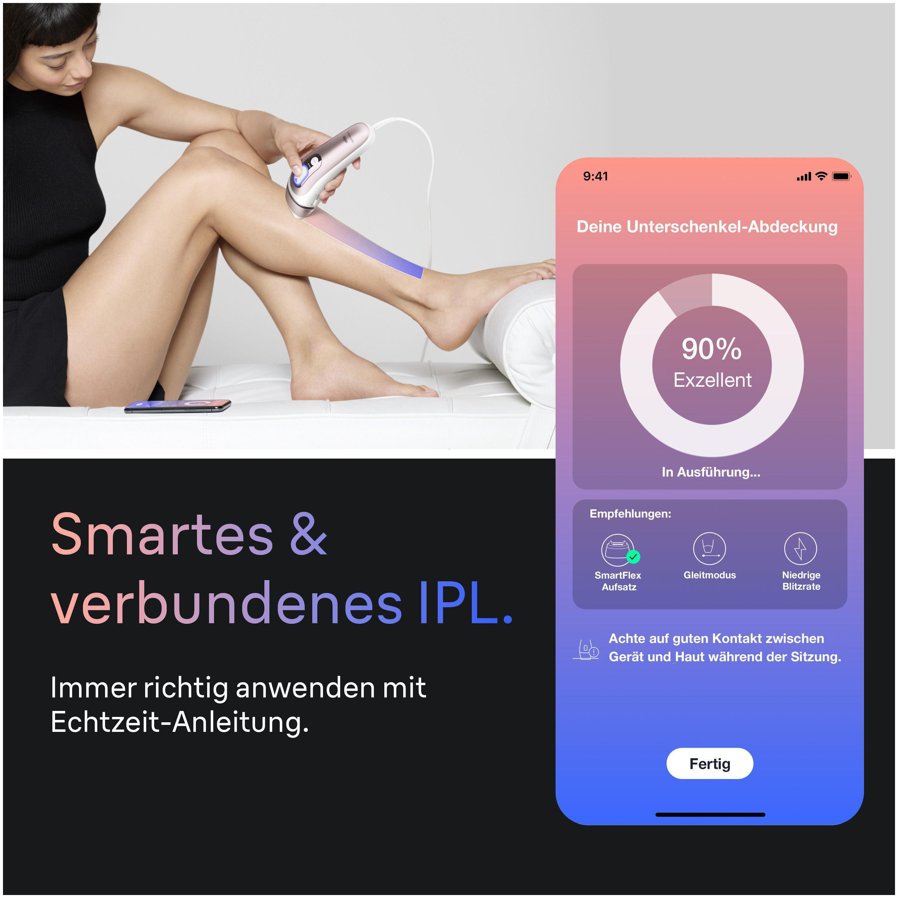 Eine Frau nutzt ein IPL-Gerät am Bein, daneben ist eine App mit Behandlungsfortschritt zu sehen.