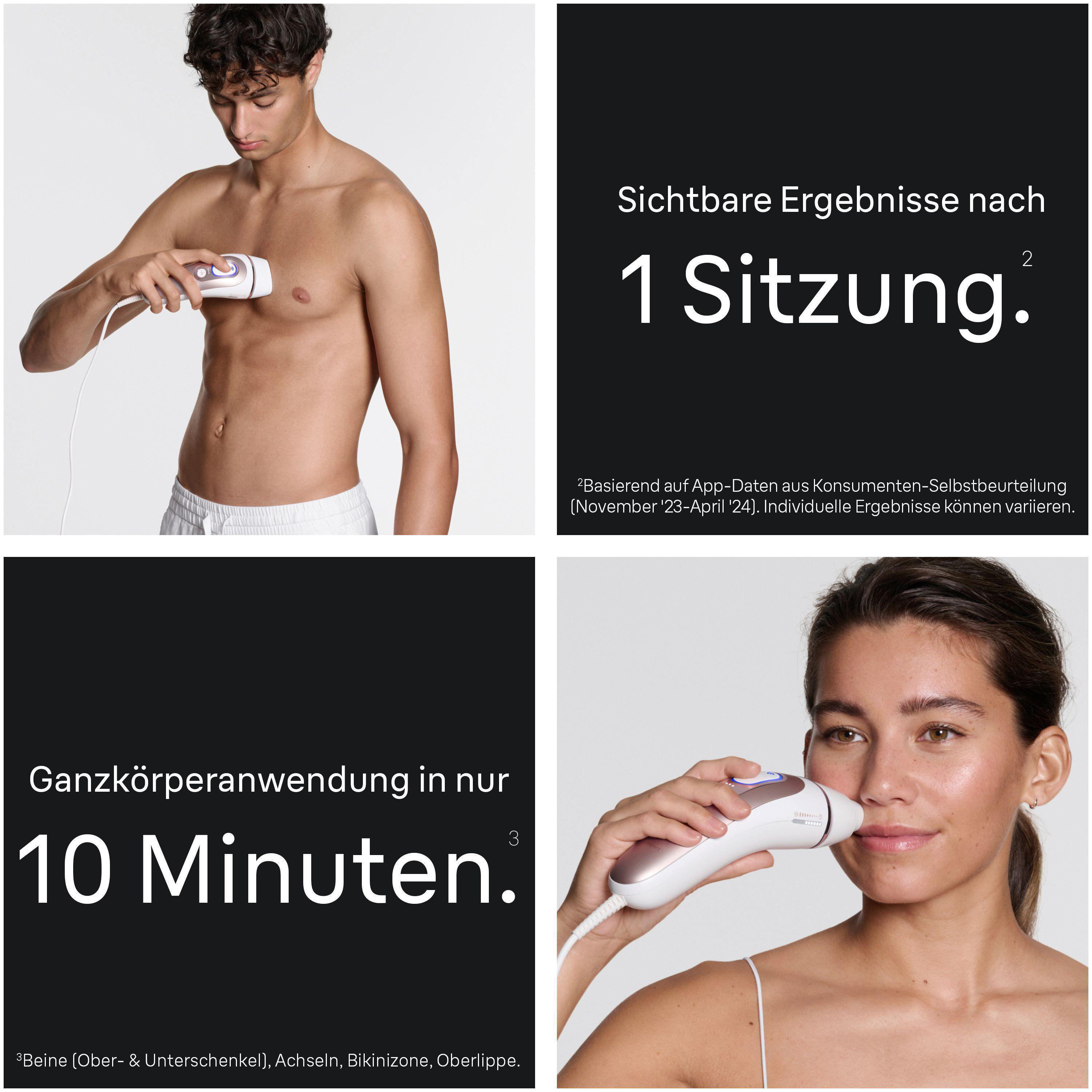 Ein Mann und eine Frau verwenden ein weißes IPL-Haarentfernungsgerät. Text auf schwarzem Hintergrund wirbt für Ergebnisse.