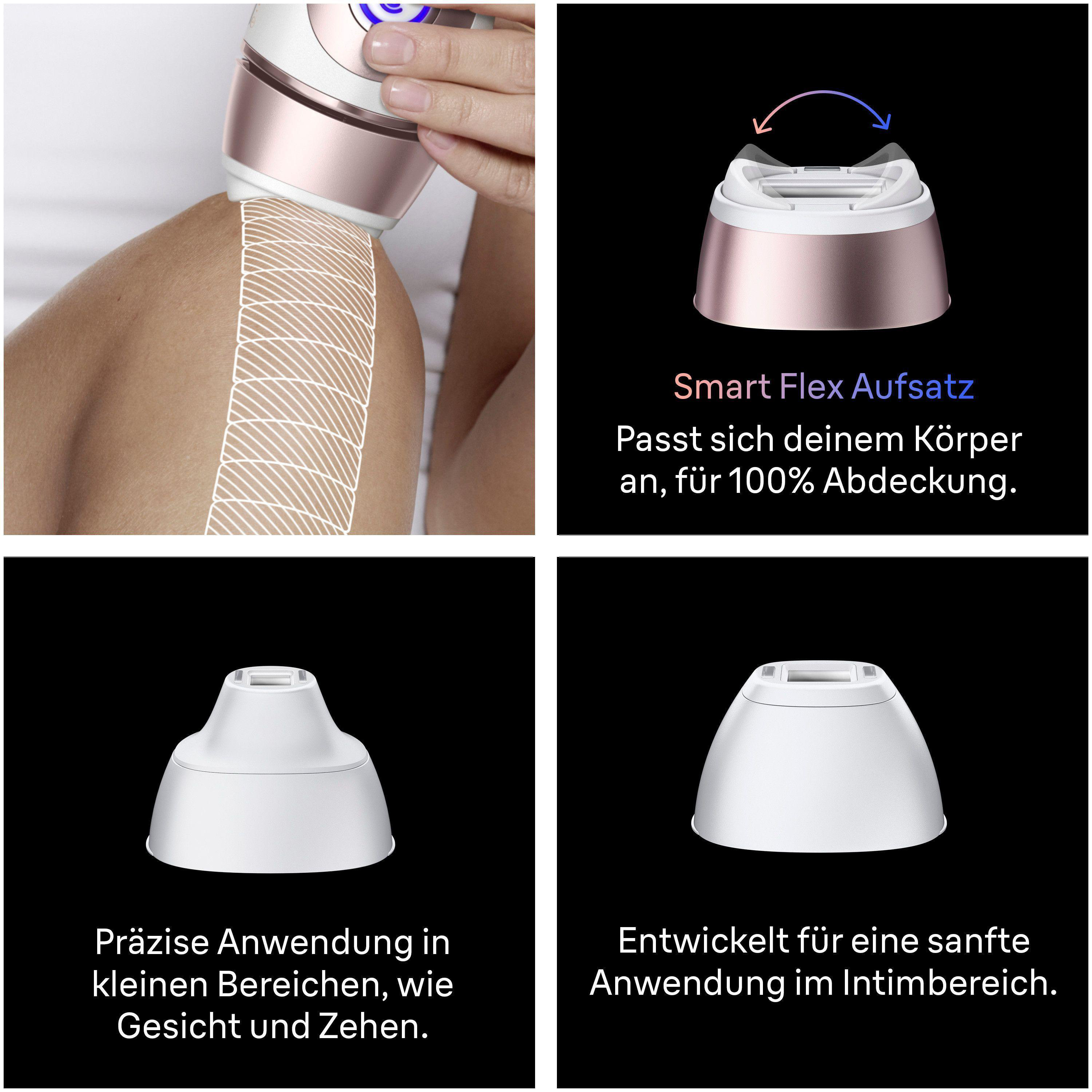 Vier Bilder zeigen einen Haarentferner mit Aufsätzen für verschiedene Körperbereiche und Funktionen.