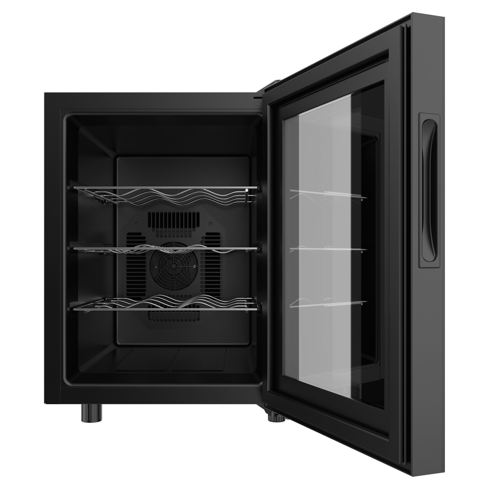 Un enfriador de vino negro con puerta de cristal abierta muestra tres estantes de metal plateado.