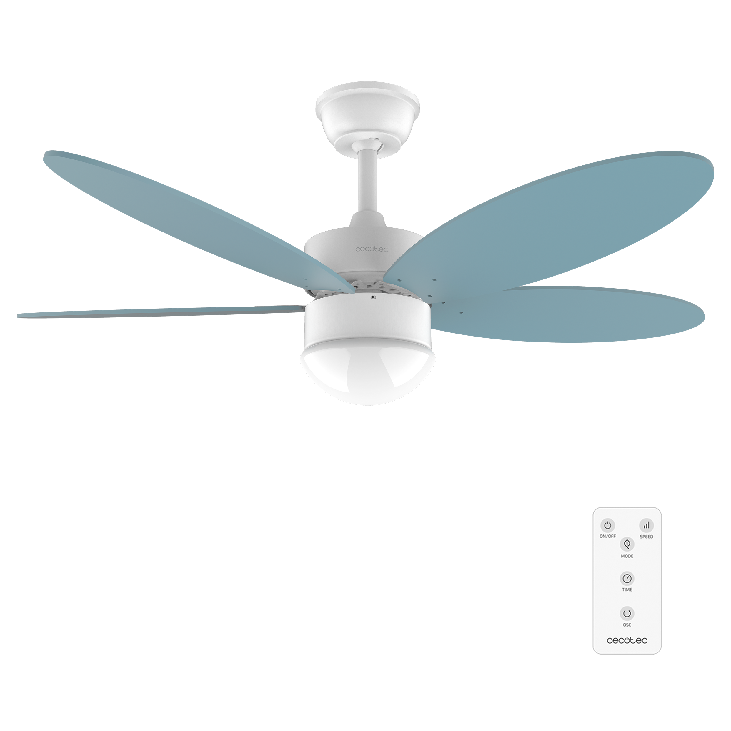 Ventilador de techo blanco con aspas azul claro, lámpara integrada y mando a distancia blanco.