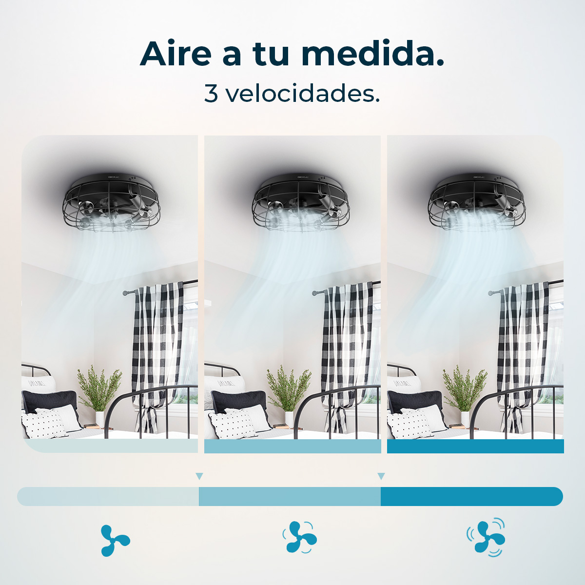 Tres paneles muestran un ventilador de techo con tres velocidades en un dormitorio.