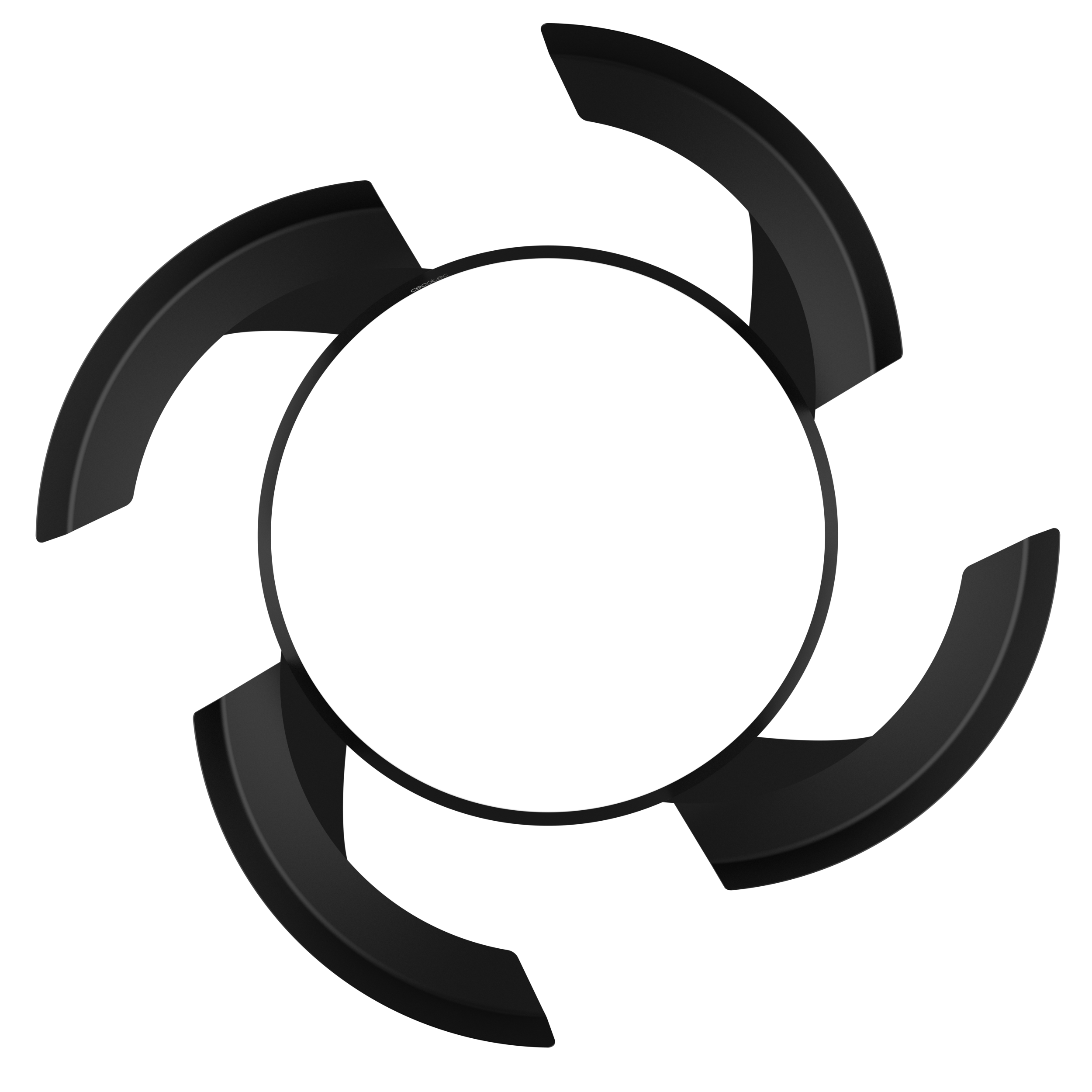 Una lámpara circular blanca con cuatro aspas negras curvadas sobre fondo negro.