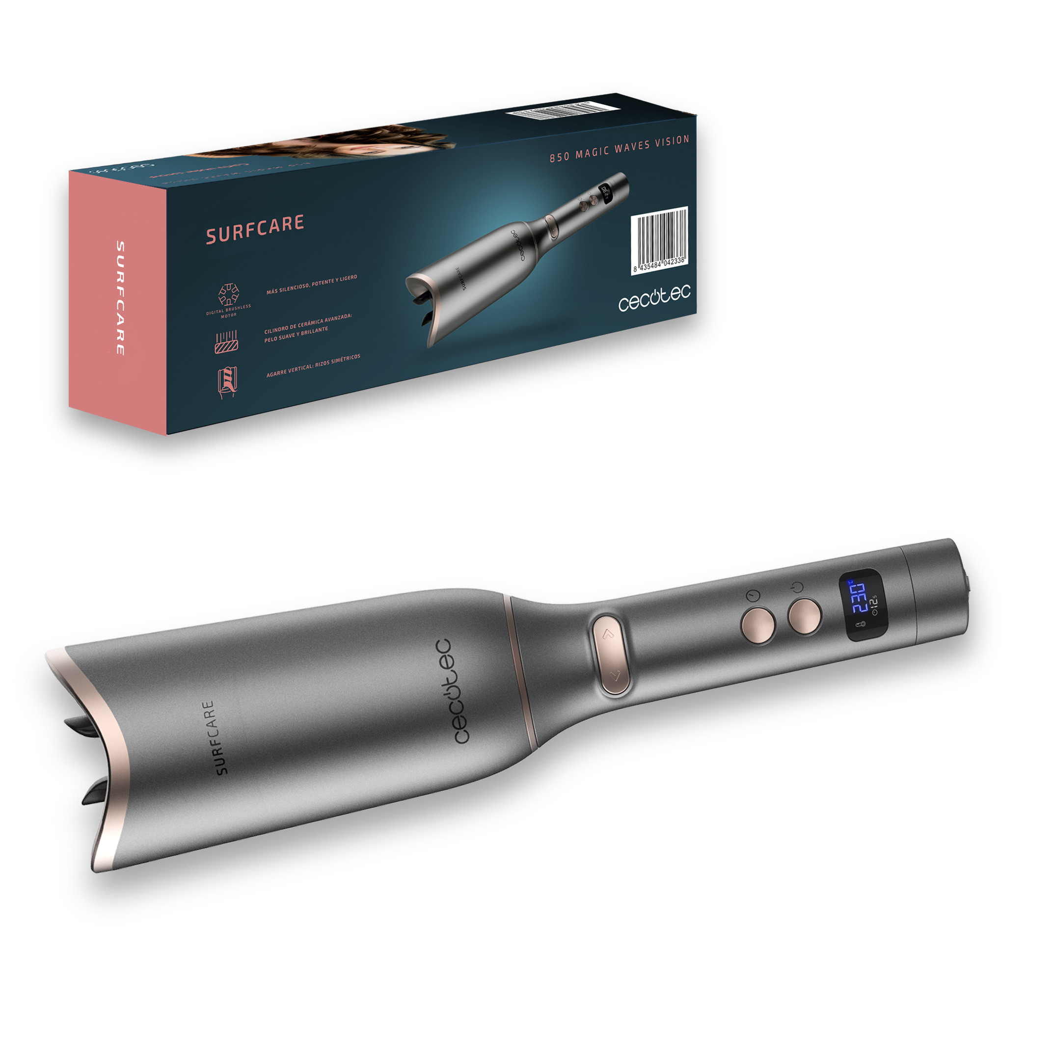 Rizador de pelo gris Cecotec Surfcare con detalles en oro rosa y pantalla digital junto a su caja.