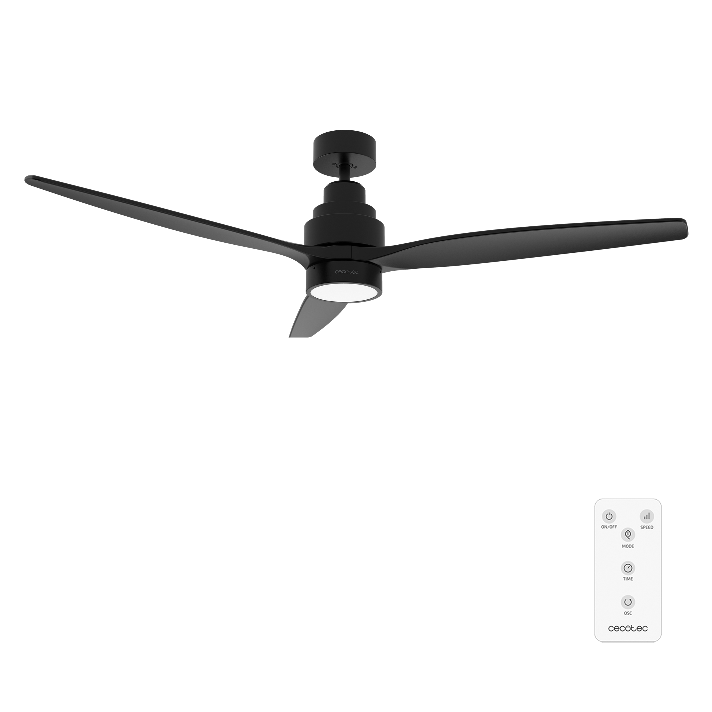 Un ventilador de techo negro con luz integrada y un control remoto sobre fondo negro.