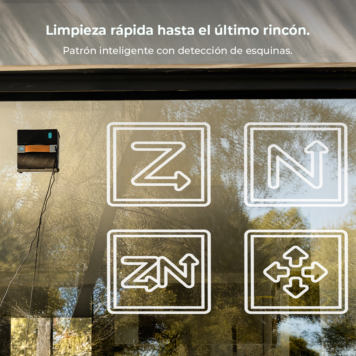 Un robot limpiavidrios negro en un vidrio con cuatro iconos blancos y texto en español arriba.