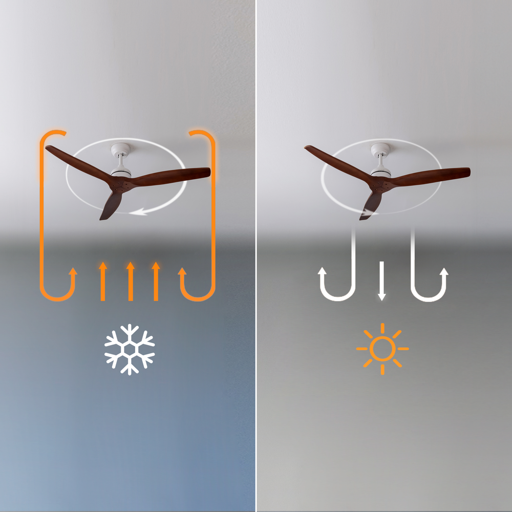Dos diagramas muestran ventiladores de techo con flechas de dirección y temperatura para verano e invierno.