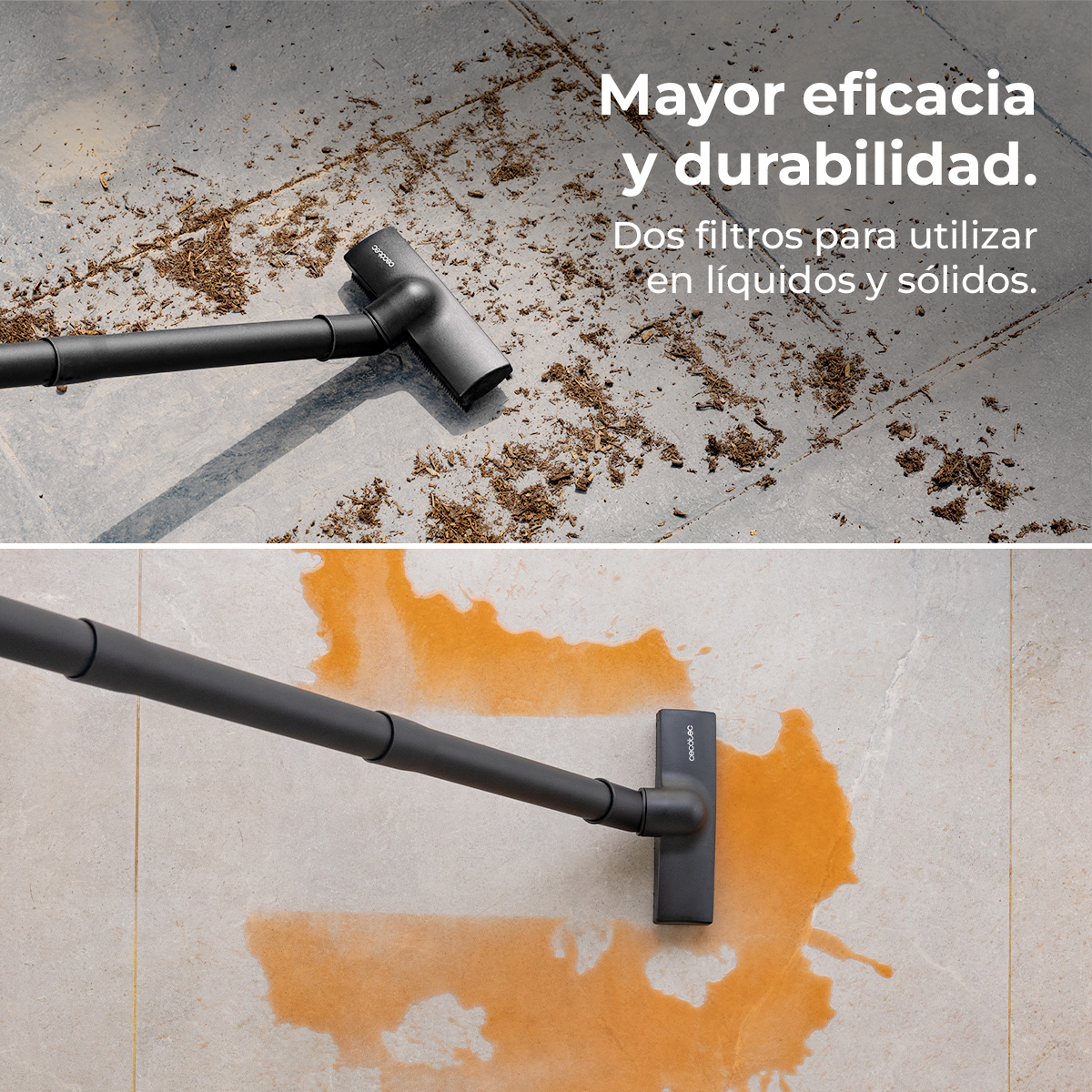 Pantalla dividida con un aspirador limpiando suciedad seca arriba y líquido abajo.