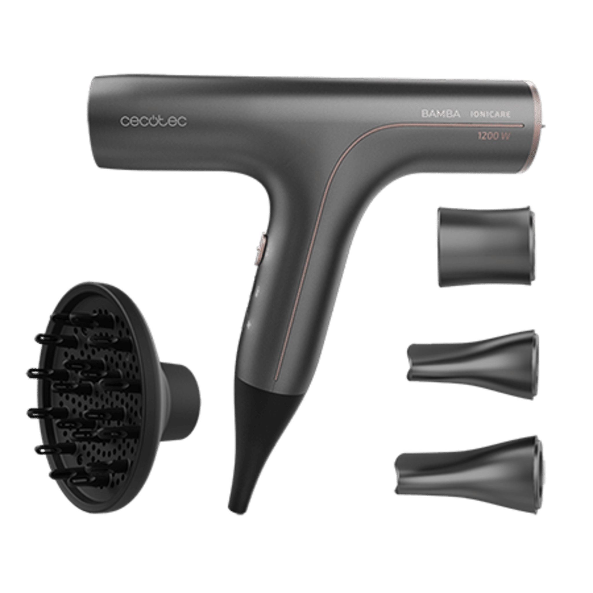 Un secador de pelo gris oscuro Cecotec Bamba Ionicare con tres accesorios sobre fondo negro.