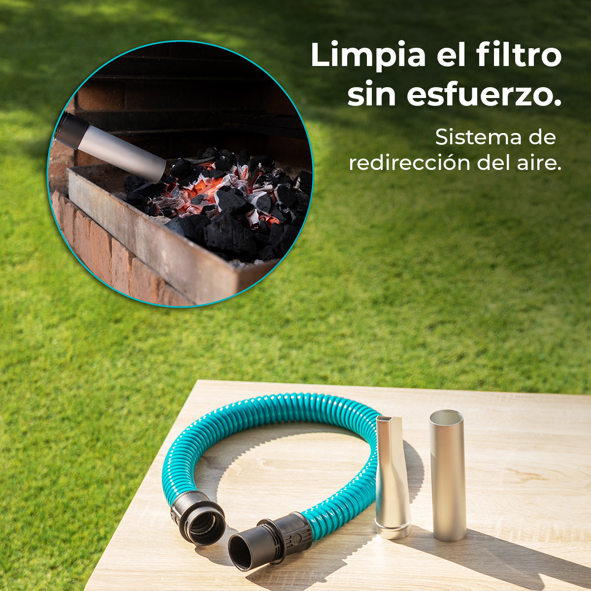 Manguera turquesa y boquillas en una mesa; el círculo muestra un tubo limpiando brasas en una barbacoa.