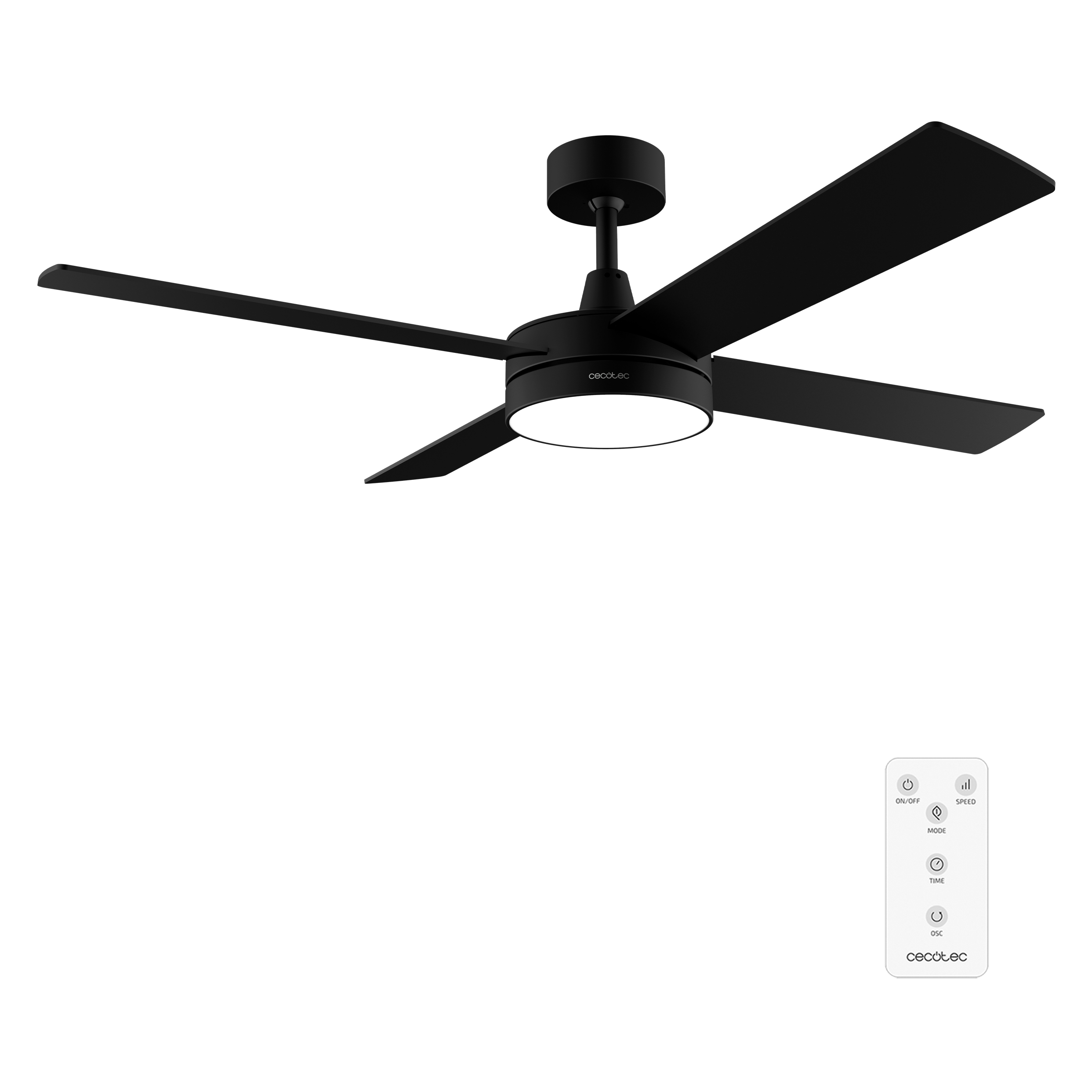 Un ventilador de techo negro con cuatro aspas y centro iluminado, junto a un control remoto.