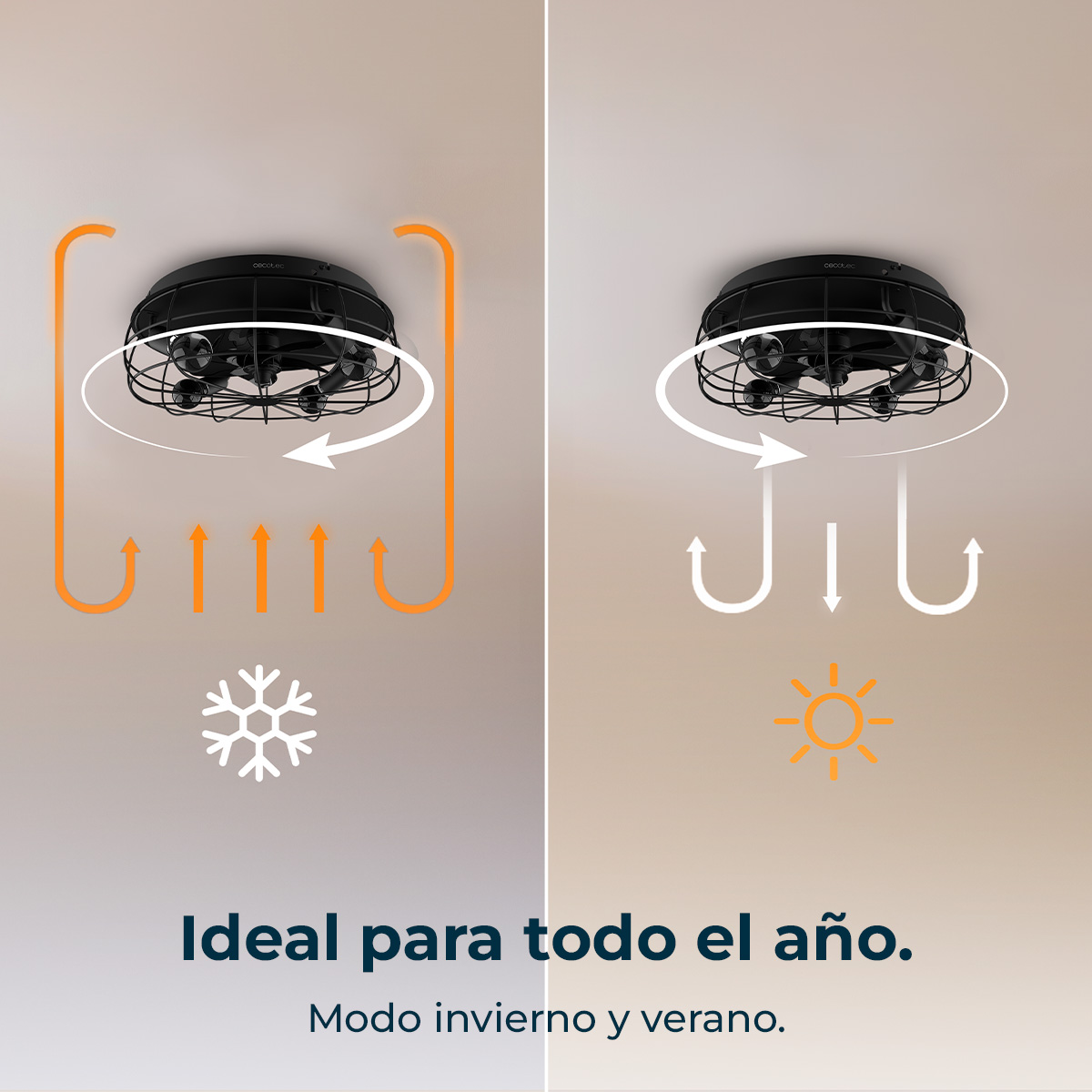 Diagrama que muestra los modos de invierno y verano de un ventilador de techo con flechas.