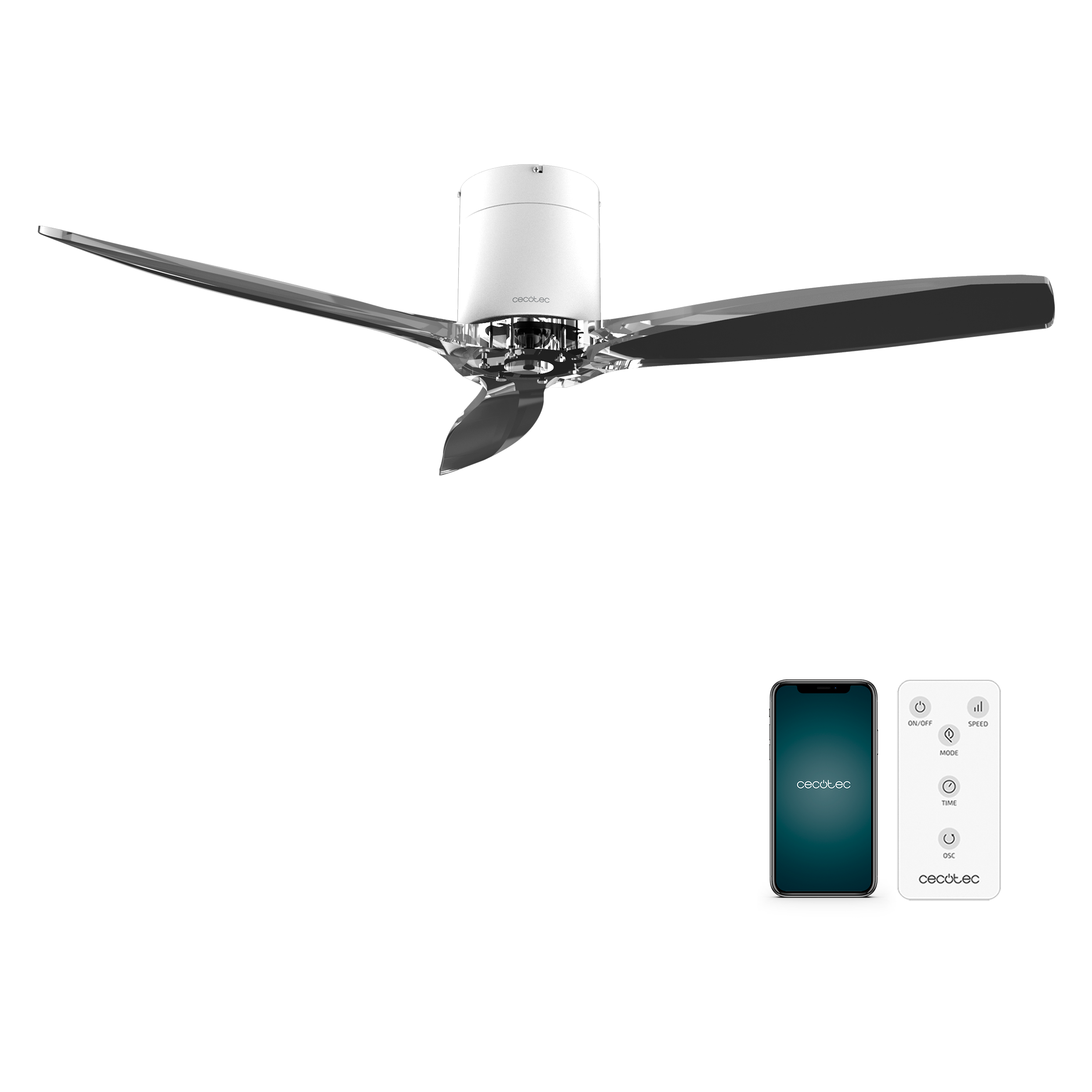 Un ventilador de techo blanco con aspas transparentes, un smartphone y un mando a distancia blanco.