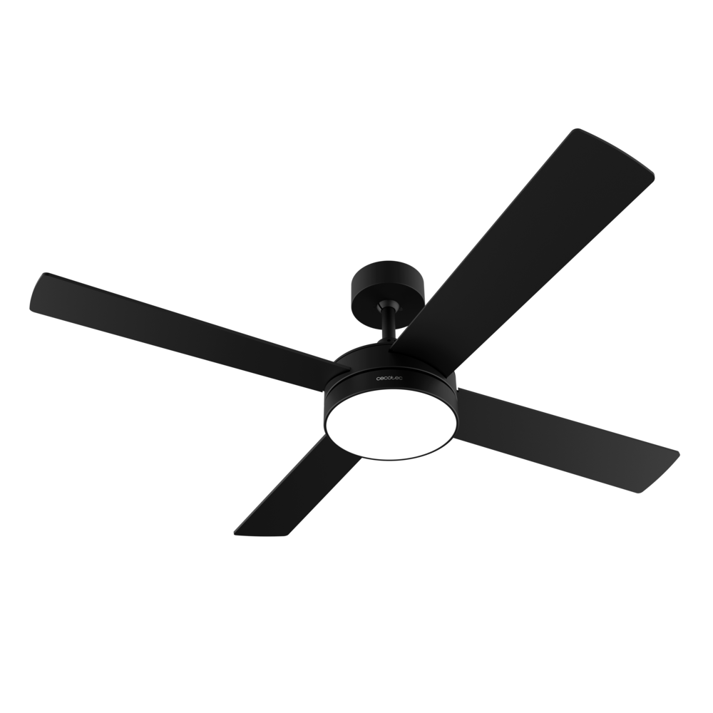 Un ventilador de techo negro con cuatro aspas y una luz redonda e iluminada en el centro sobre un fondo negro.