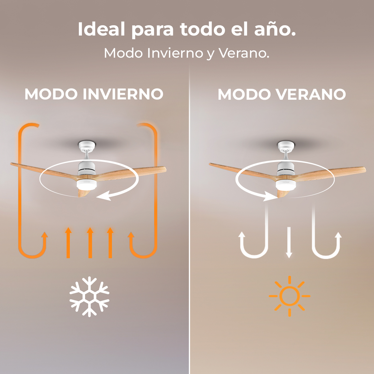 Comparación de dos modos de ventilador de techo: modo invierno con aire ascendente y modo verano con brisa descendente.