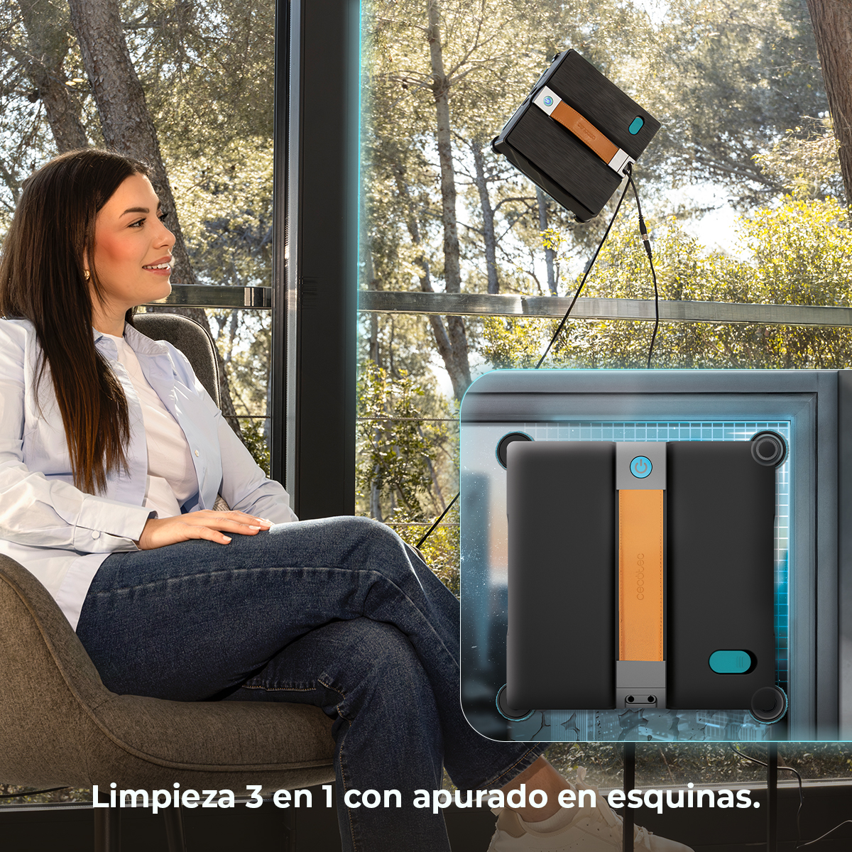 Una mujer está sentada relajada en una silla mientras un limpiador automático limpia el cristal.
