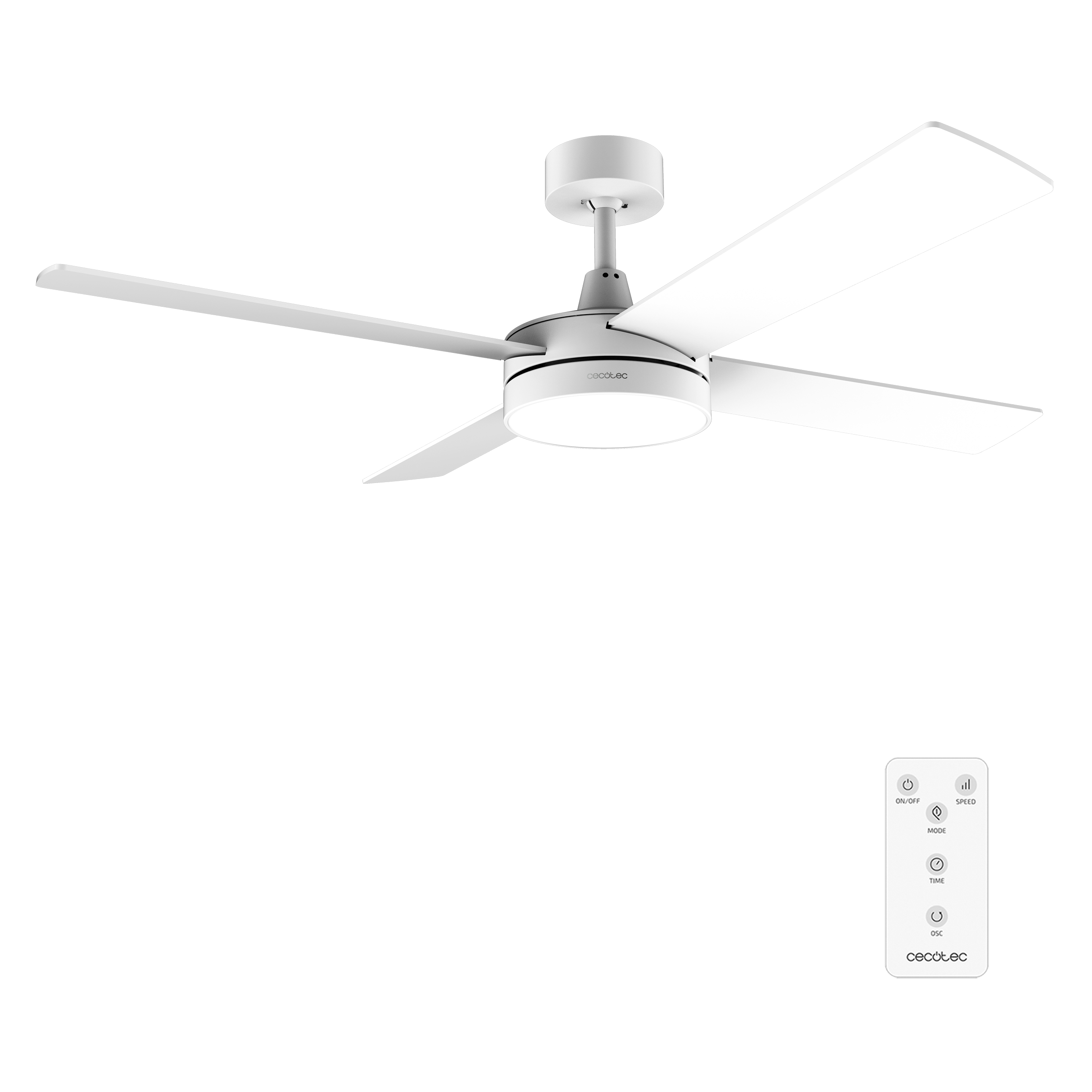 Un ventilador de techo blanco moderno con luz integrada y un control remoto sobre fondo negro.
