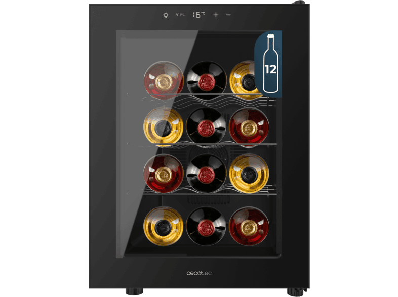Vinoteca - Cecotec Bolero GrandSommelier 1255 CoolCrystal, 12 botellas, 35 dB, 8-18 ºC, Control táctil, Luz LED, Negro